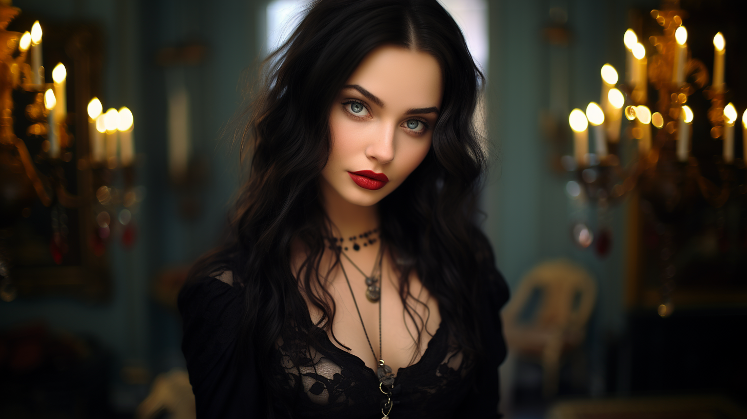 General 1456x816 AI art model closeup blue eyes juicy lips closed mouth blurry background face looking at viewer long hair dark hair red lipstick lipstick women necklace candles