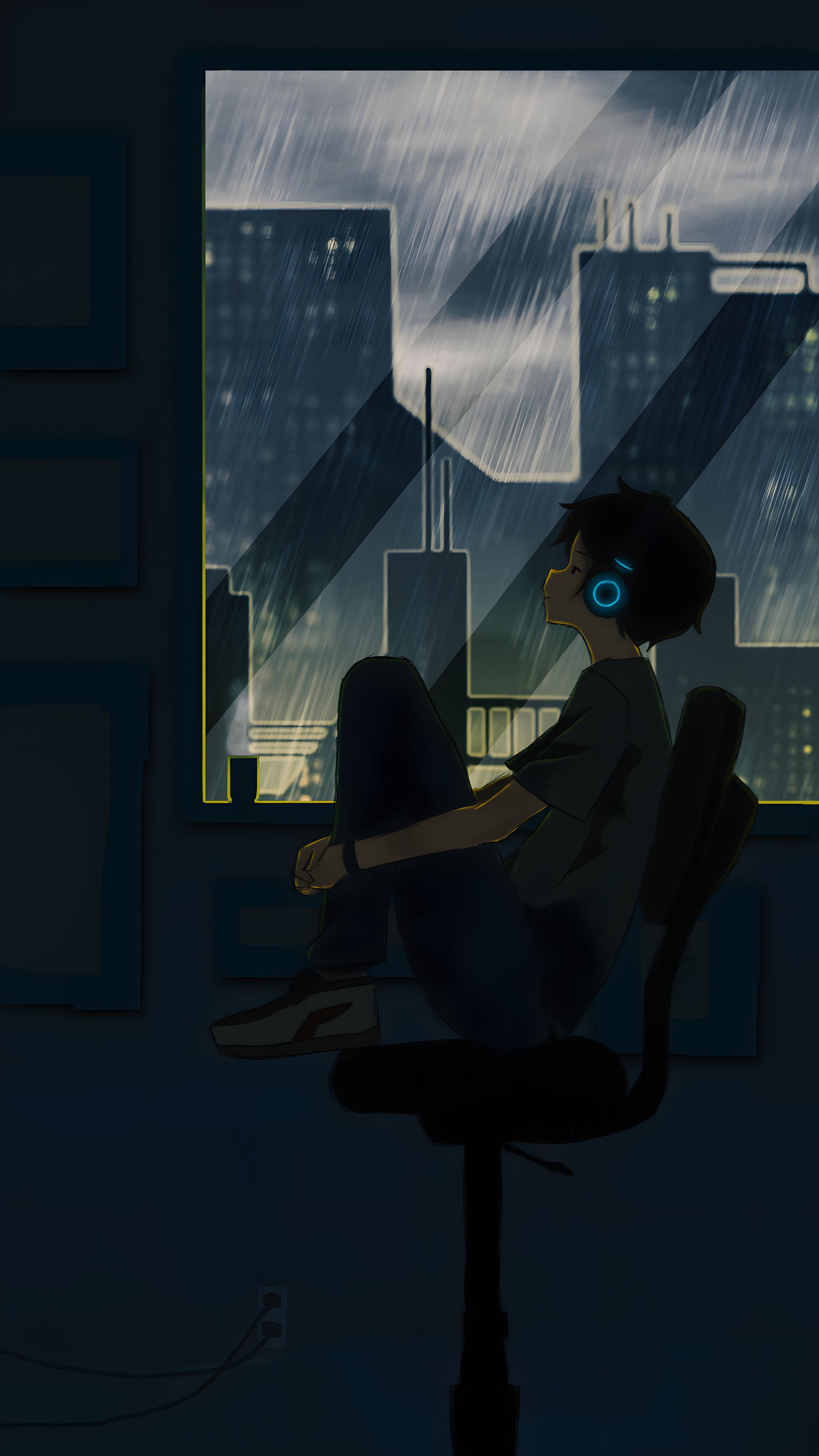 Anime 2160x3840 room anime boys dark night rain music relaxation city