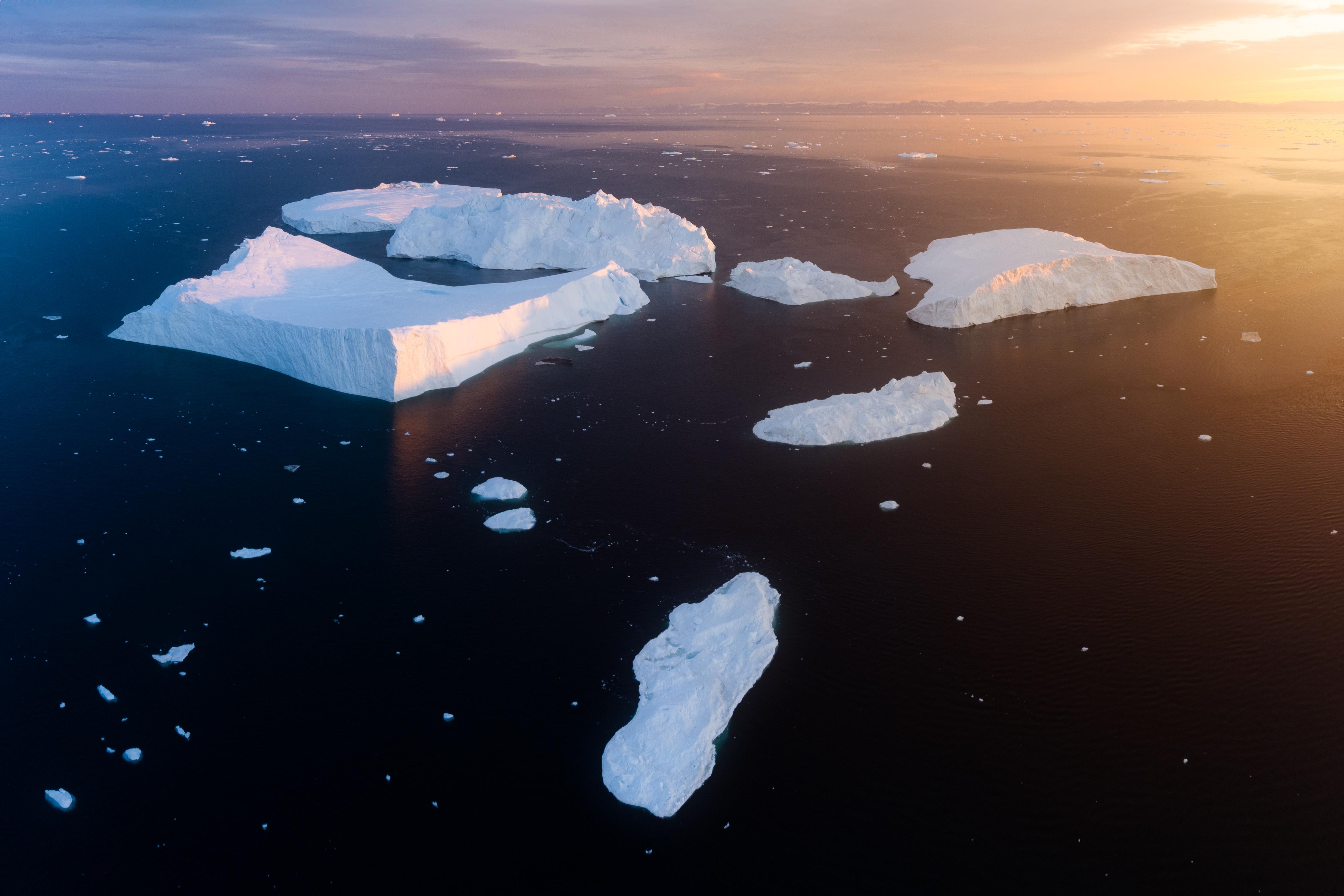 General 4730x3153 iceberg ice sea nature landscape aerial view Greenland Ilulissat Icefjord fjord sunset water sky sunlight sunset glow