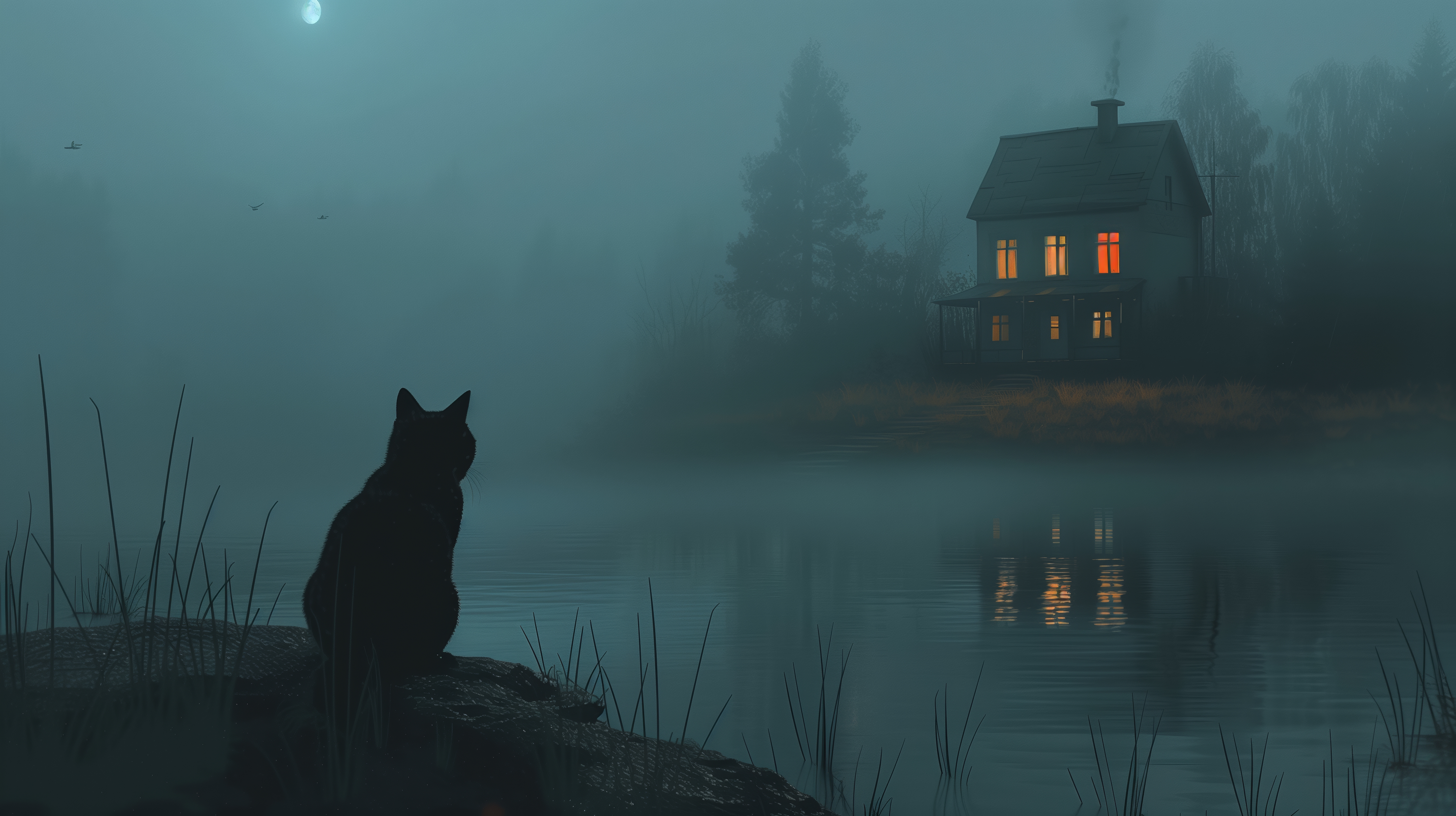 General 5824x3264 AI art illustration black cats house lake fog