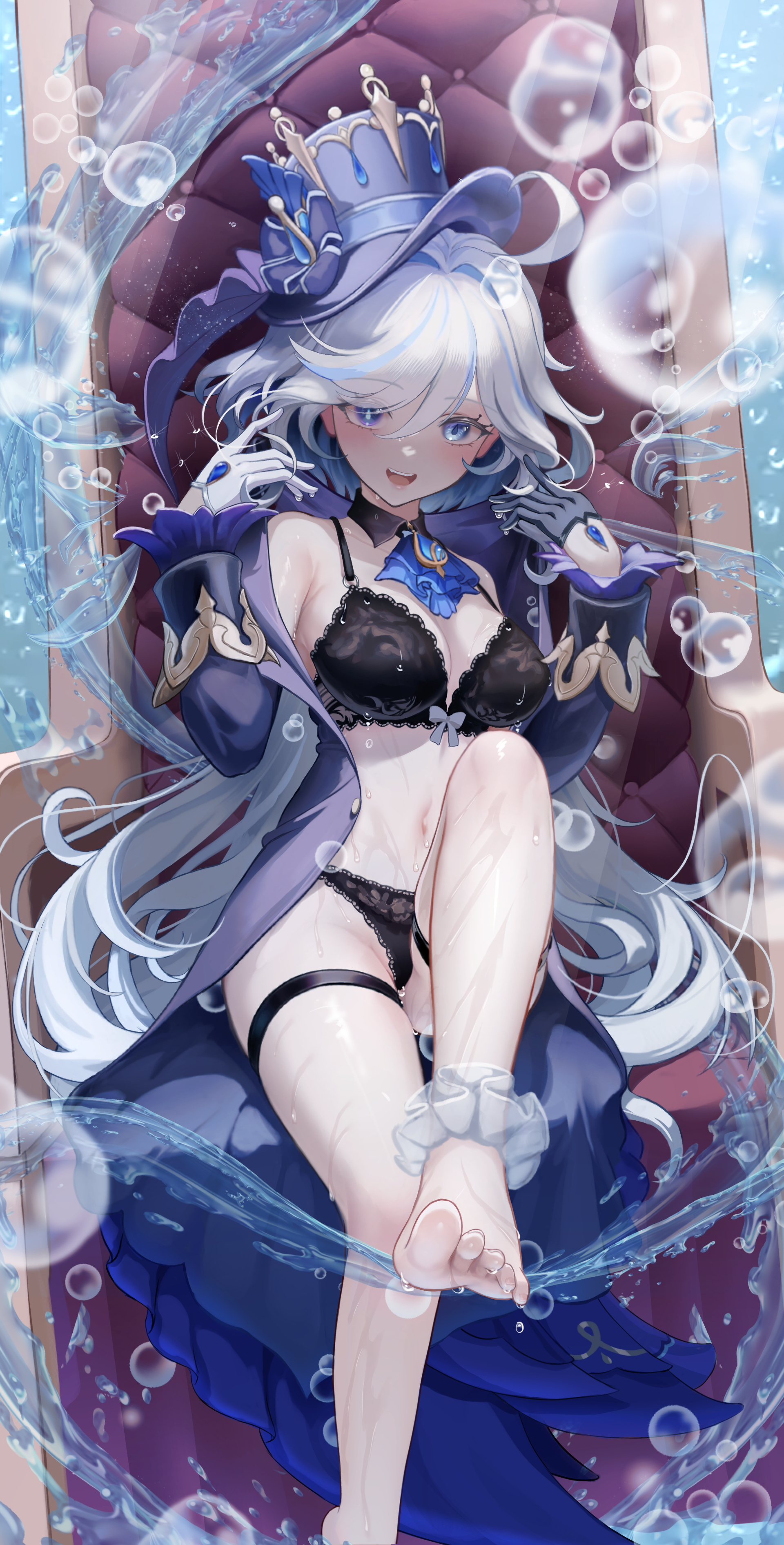 Anime 1920x3784 Genshin Impact wet body portrait display blue eyes Furina (Genshin Impact) looking at viewer barefoot open jacket heterochromia black panties underwear black underwear panties black bras water drops white hair thigh strap long sleeves bubbles long hair white gloves smiling open coat TTkaki blue hat mismatched gloves feet anime girls water