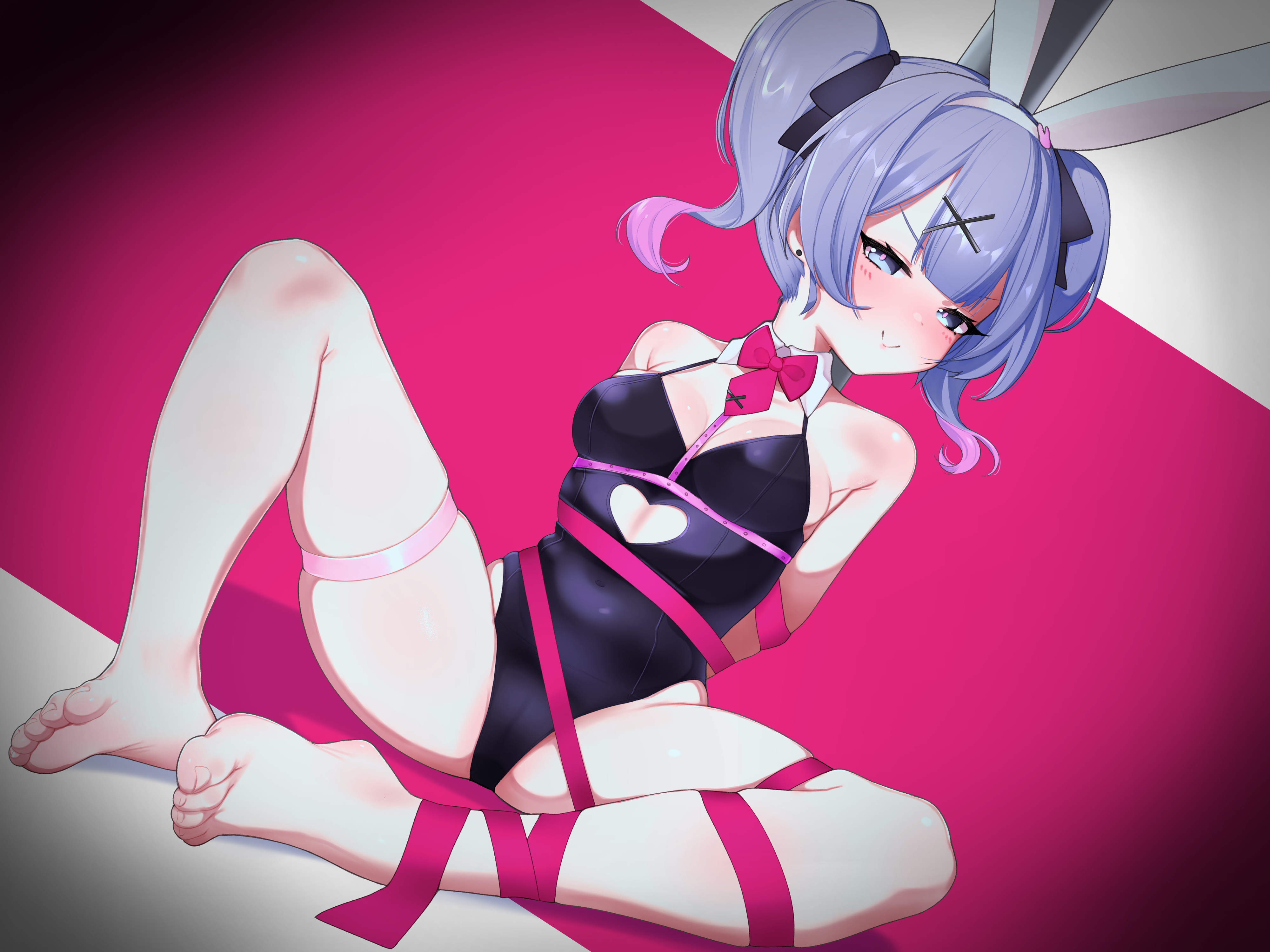 Anime 4000x3000 anime Vocaloid Pixiv Hatsune Miku blushing barefoot Gokiburi anime girls spread legs leotard black leotard twintails simple background smiling closed mouth bent legs skindentation ribbon arm(s) behind back skinny bare shoulders bow tie two tone hair blue eyes foot sole bunny suit bunny ears short hair earring