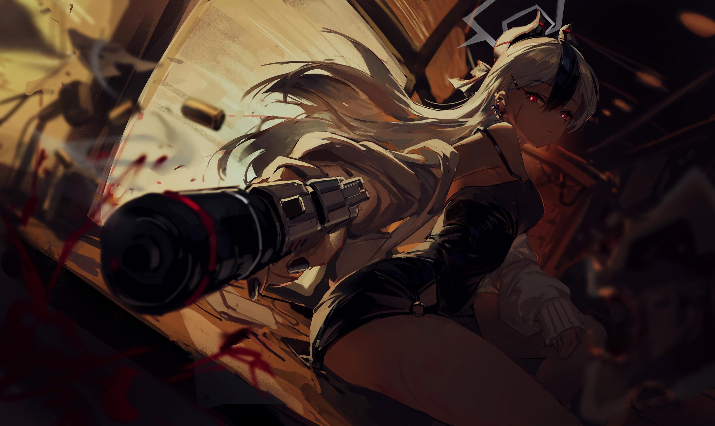 Anime 2500x1488 anime anime girls Onikata Kayoko(Blue Archive) digital art MEInoss Blue Archive long hair two tone hair sitting heterochromia aiming girls with guns earring ear piercing red eyes strap falling off shoulder off shoulder horns closed mouth blood one bare shoulder gun black nails painted nails