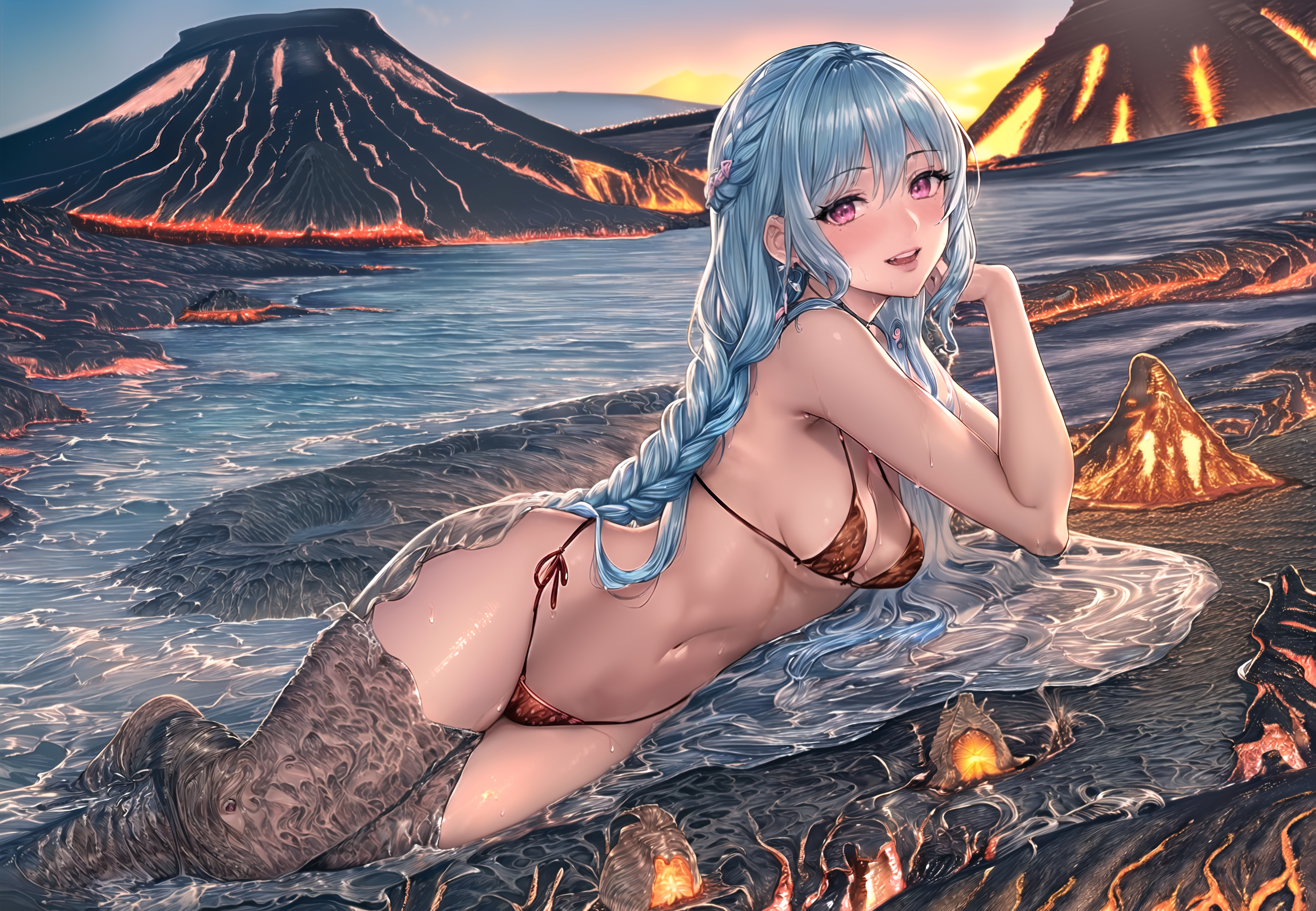 Anime 3328x2304 anime anime girls artwork women Mia27000 digital art beach bikini blue hair braids purple eyes volcano water wet body lava AI art bright