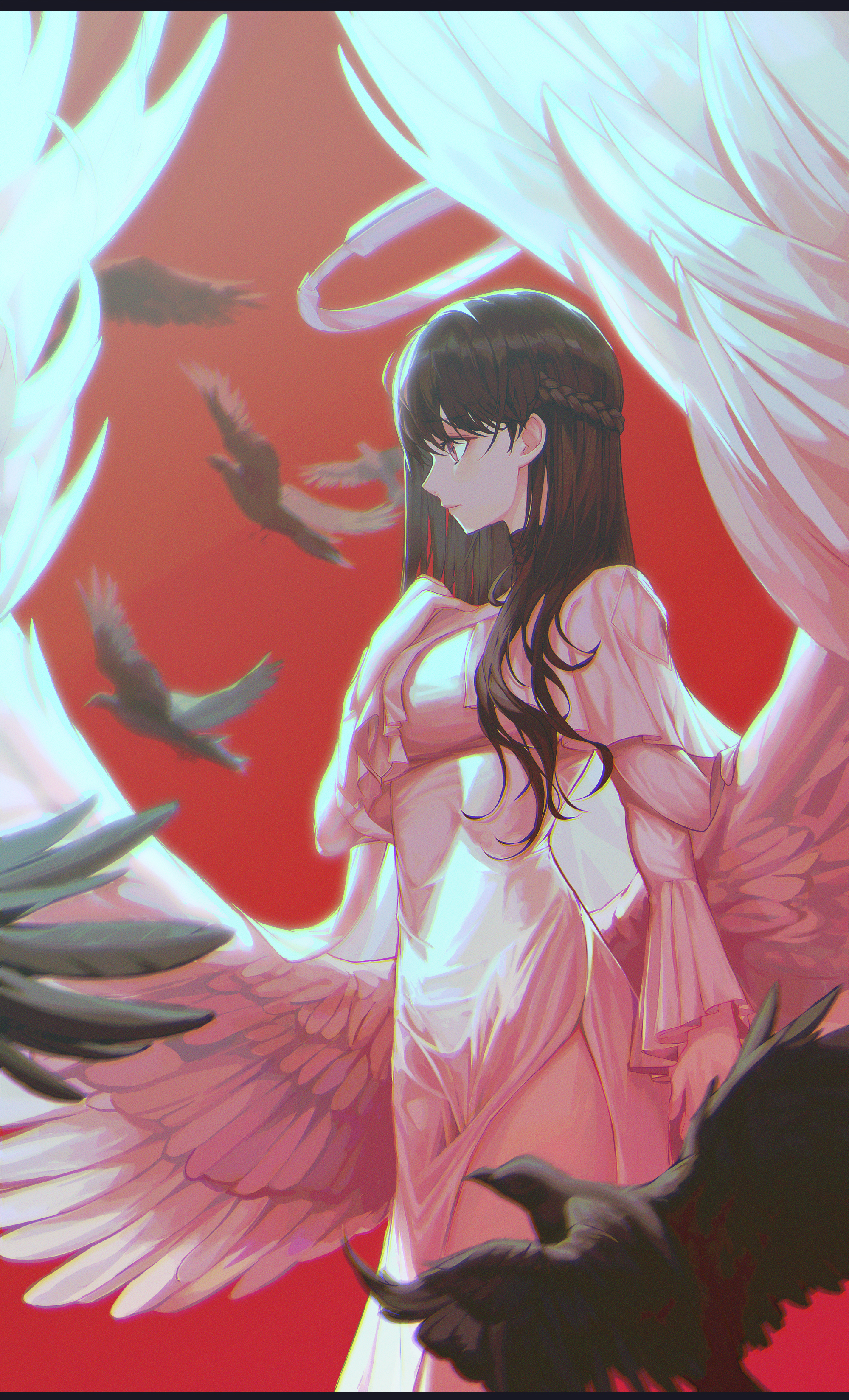 Anime 2000x3300 Xeonomi 2D anime girls angel wings halo birds wings portrait display braids