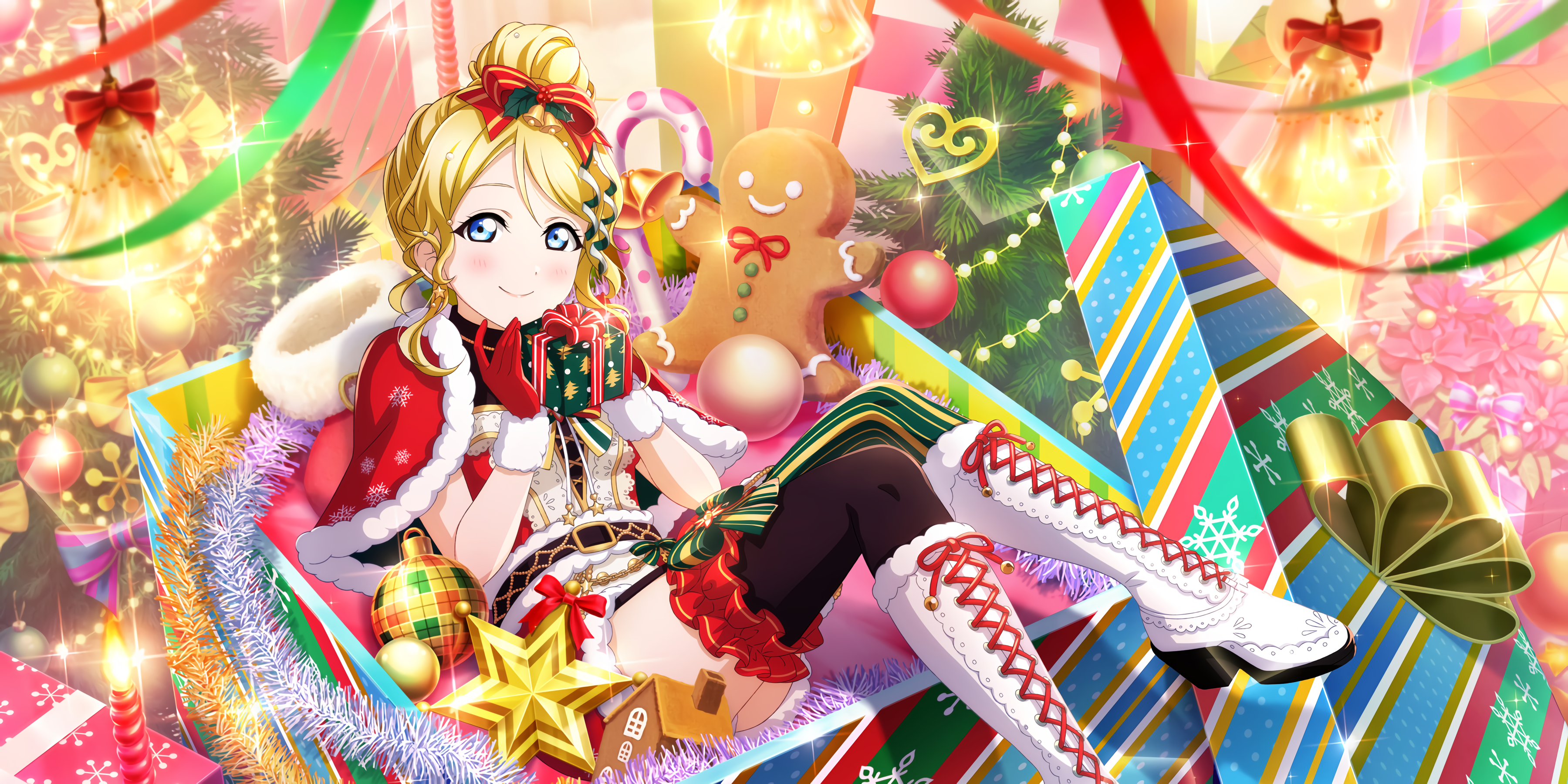 Anime 3600x1800 Ayase Eli Love Live! anime girls Christmas Christmas clothes Christmas tree Christmas ornaments  Christmas presents