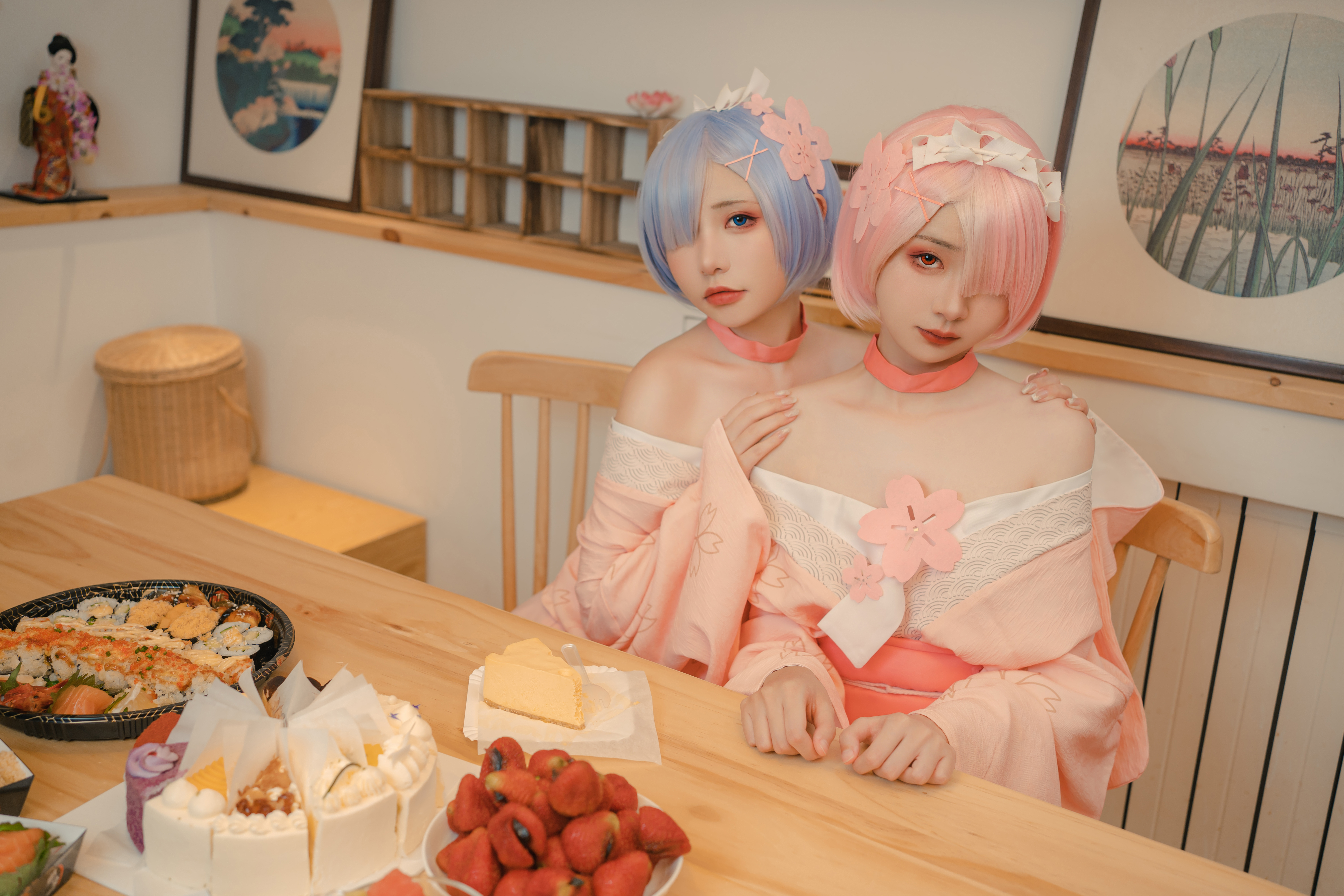 People 6000x4000 two women pink hair blue hair anime girls Rem (Re:Zero) Ram (Re: Zero) Re:Zero Kara Hajimeru Isekai Seikatsu Neko Koyoshi asian cosplayer short hair kimono Asian women food cosplay