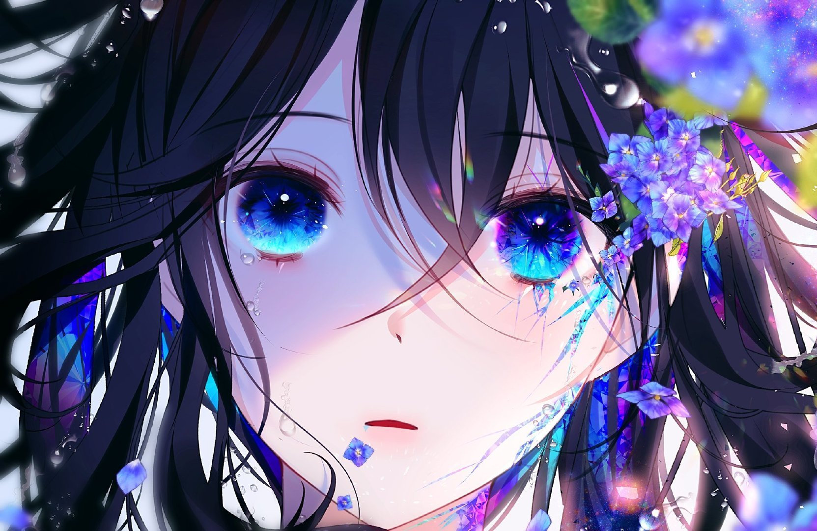 Anime 1663x1080 anime girls flowers blue eyes petals frontal view face eyes