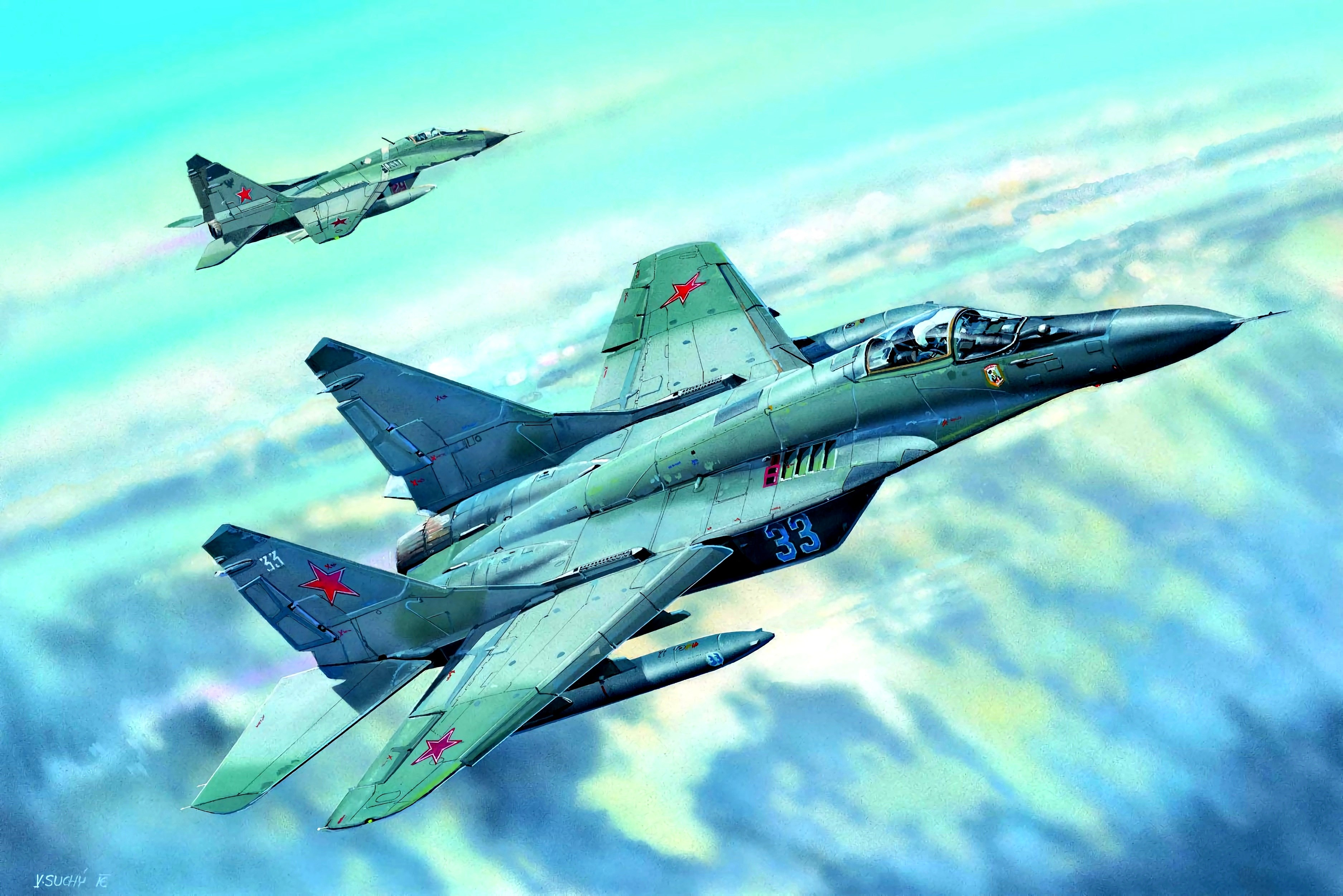 General 3750x2502 jet fighter sky clouds red star military air force aircraft Mikoyan MiG-29 Russian Air Force flying Boxart signature artwork Russian/Soviet aircraft