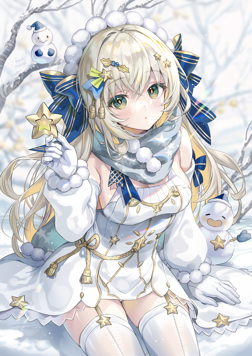 Anime 1000x1414 anime anime girls portrait display stockings gloves stars snow scarf blonde green eyes snowman