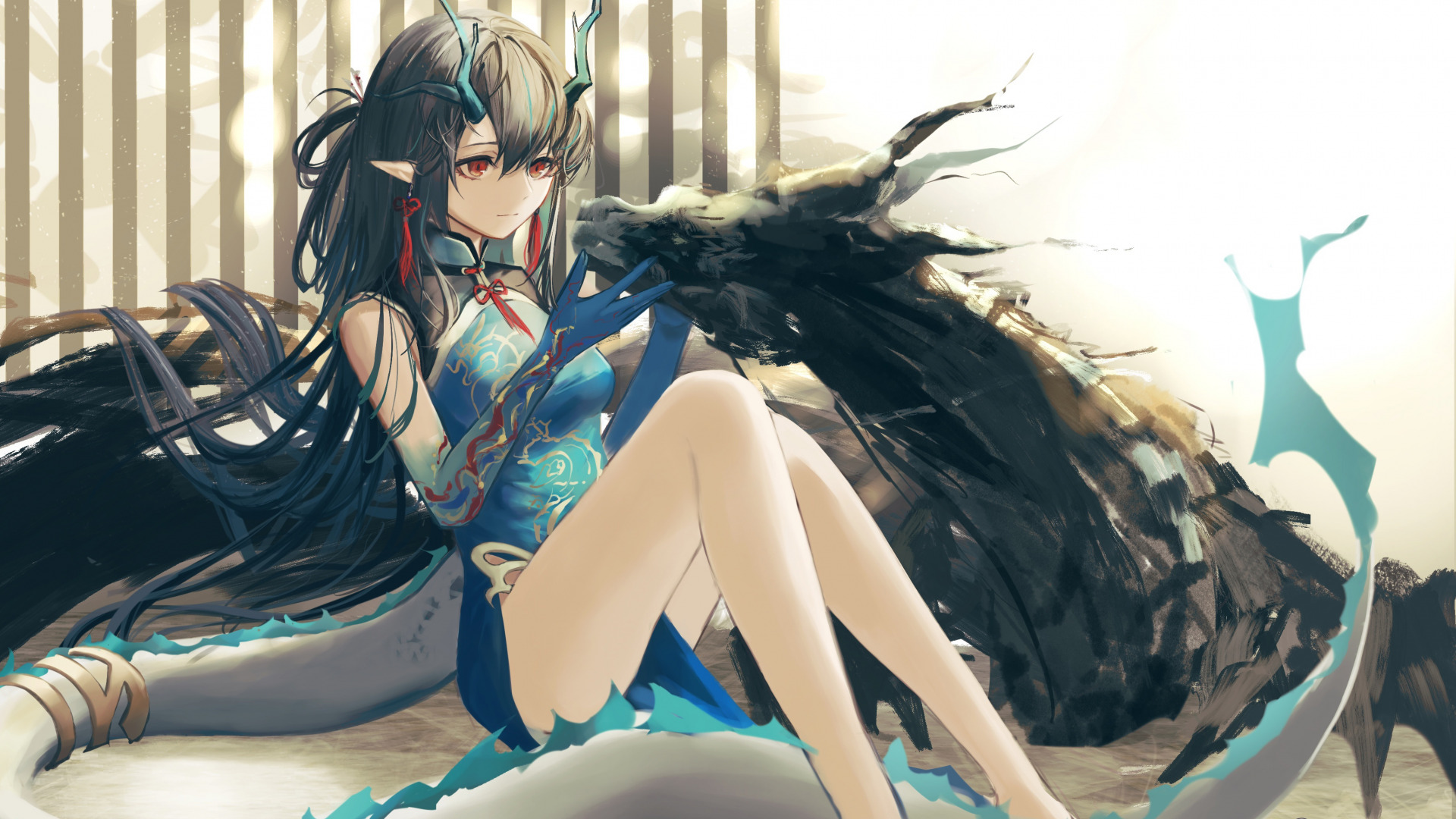 Anime 1920x1080 Arknights anime anime girls Dusk (Arknights) Chinese dragon dragon chinese dress horns pointy ears dragon tail