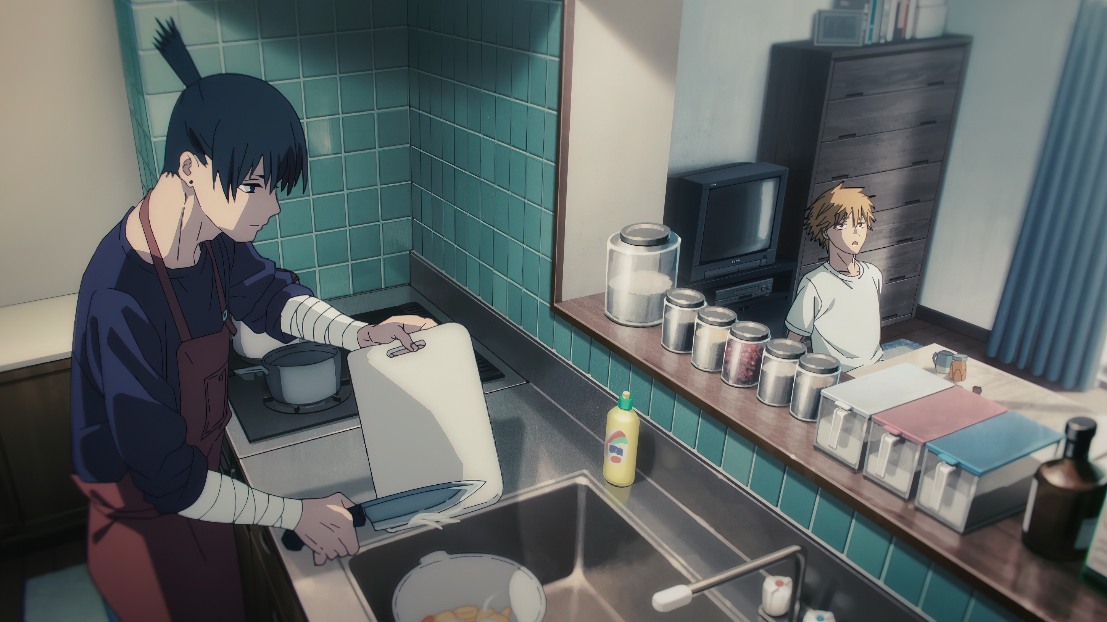 Anime 3840x2160 Chainsaw Man anime 4K Aki (Chainsaw Man) Denji (Chainsaw Man) Anime screenshot anime boys cooking