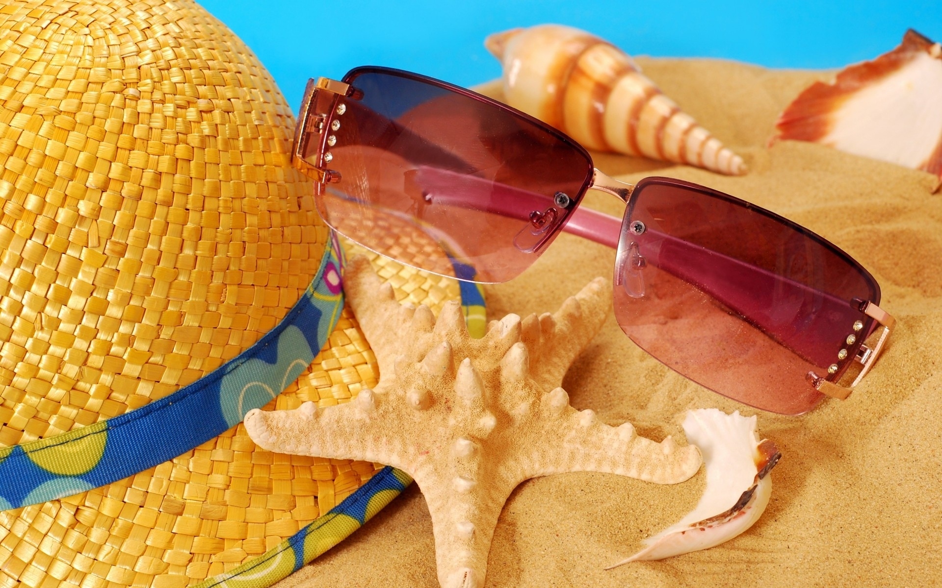 General 1920x1200 summer sunglasses hat starfish sand straw hat closeup