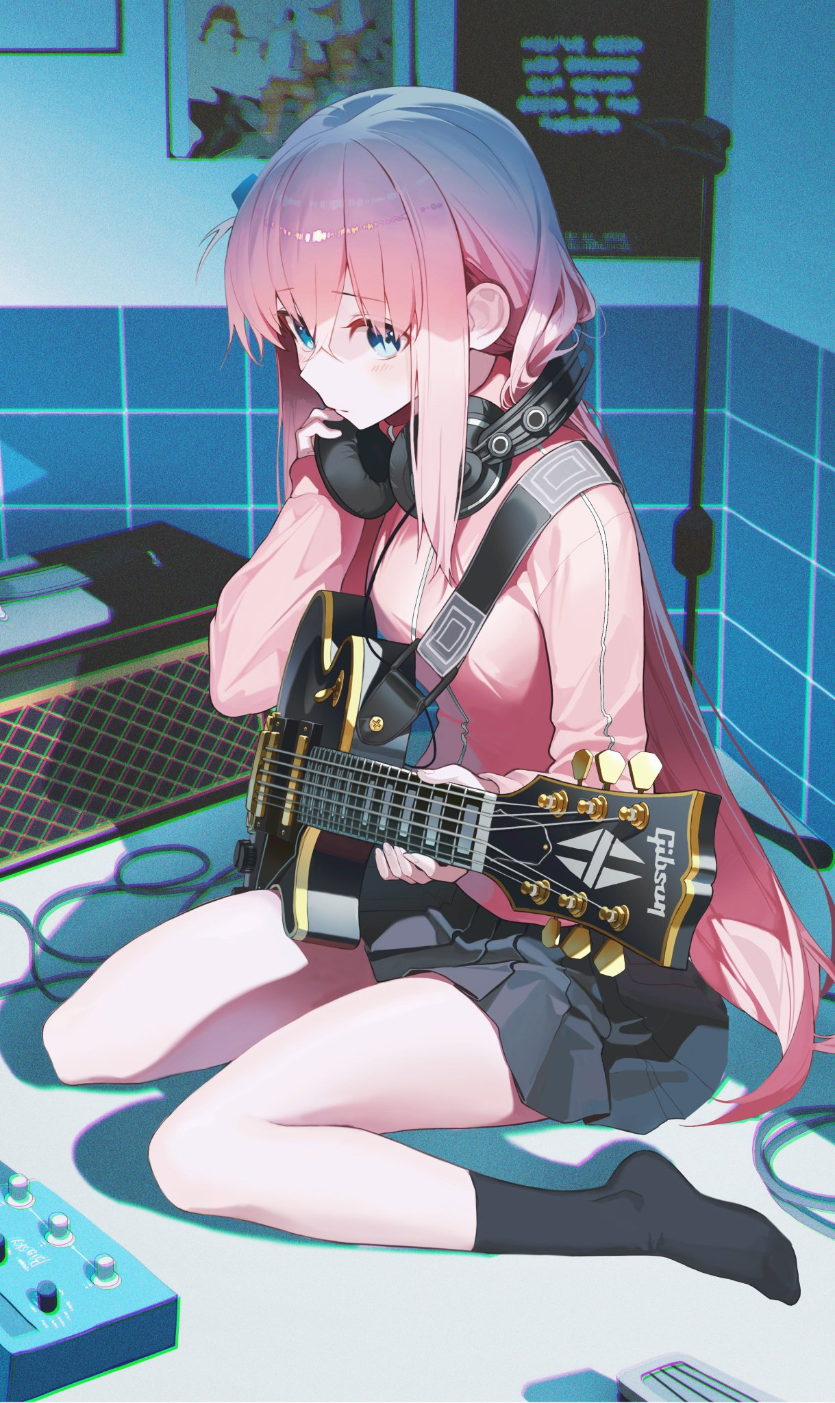 Anime 1219x2048 anime girls BOCCHI THE ROCK! portrait display guitar headphones musical instrument socks Gotou Hitori Gibson electric guitar