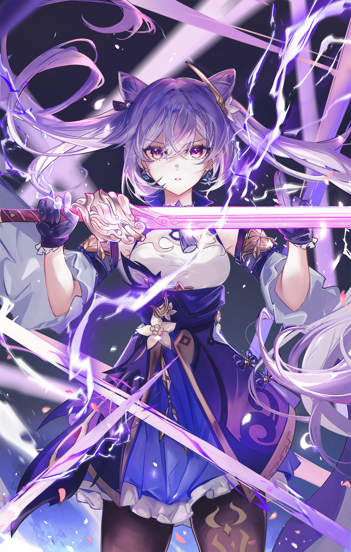 Anime 1464x2300 anime girls Genshin Impact Keqing (Genshin Impact) sword portrait display purple hair purple eyes twintails petals gloves