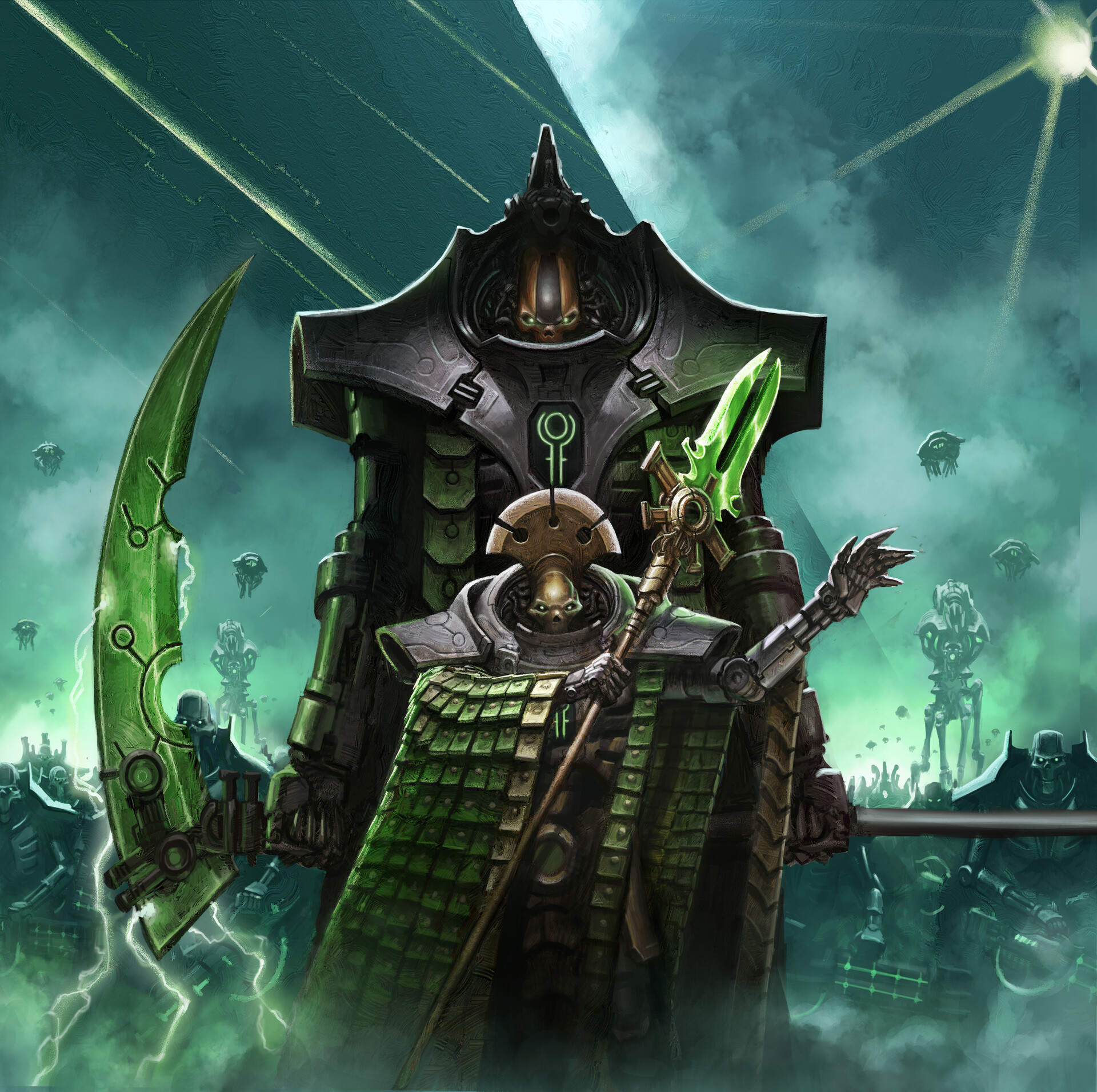 General 1920x1911 science fiction high tech Warhammer 40,000 Necrons gun green black tomb world cape army marching video games video game art video game characters