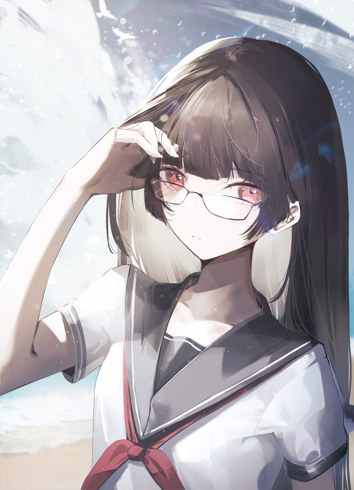 Anime 1153x1597 anime girls school uniform portrait display glasses schoolgirl red eyes brunette looking at viewer