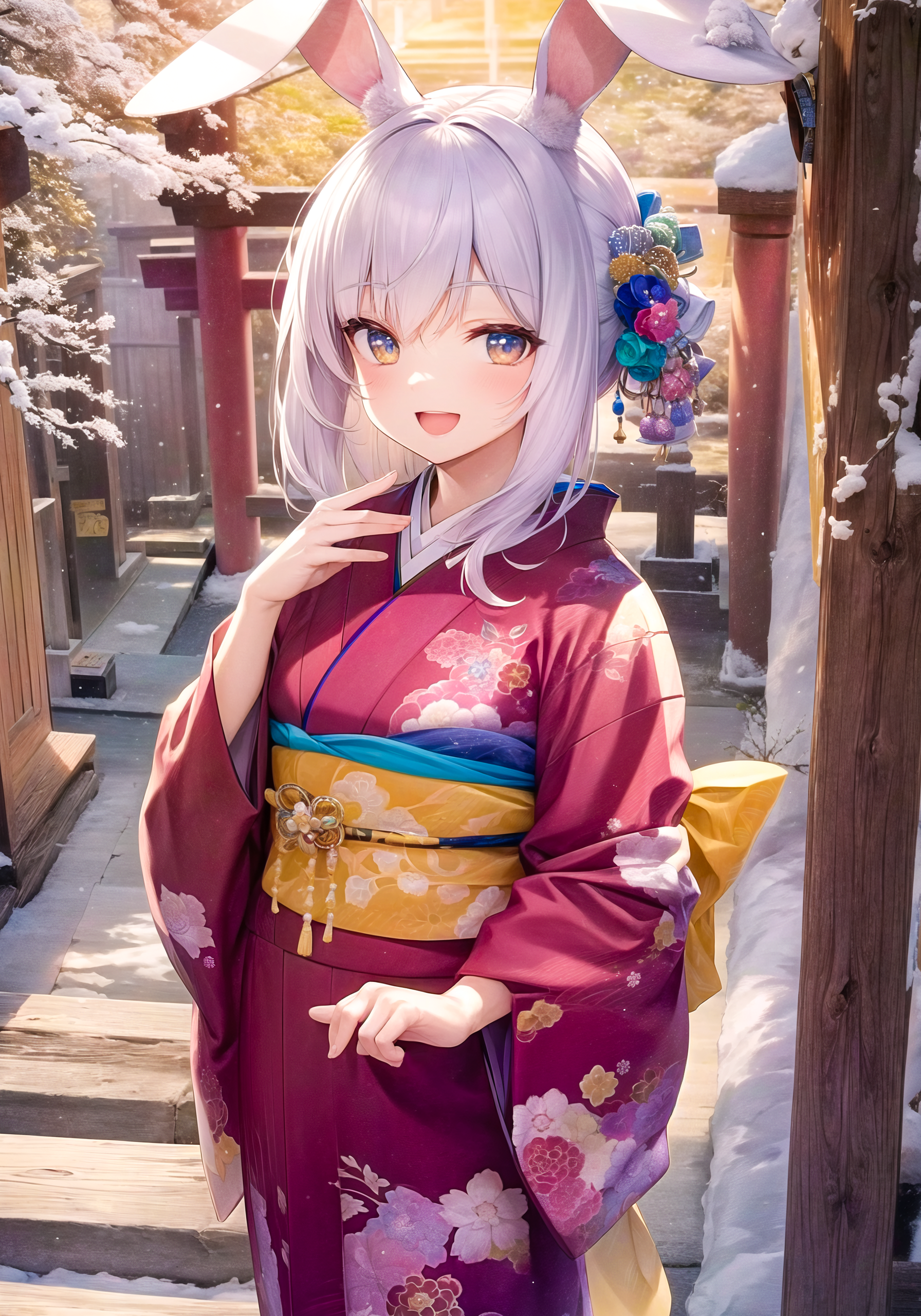 Anime 1792x2560 anime anime girls portrait display kimono bunny girl bunny ears snow flower in hair looking at viewer