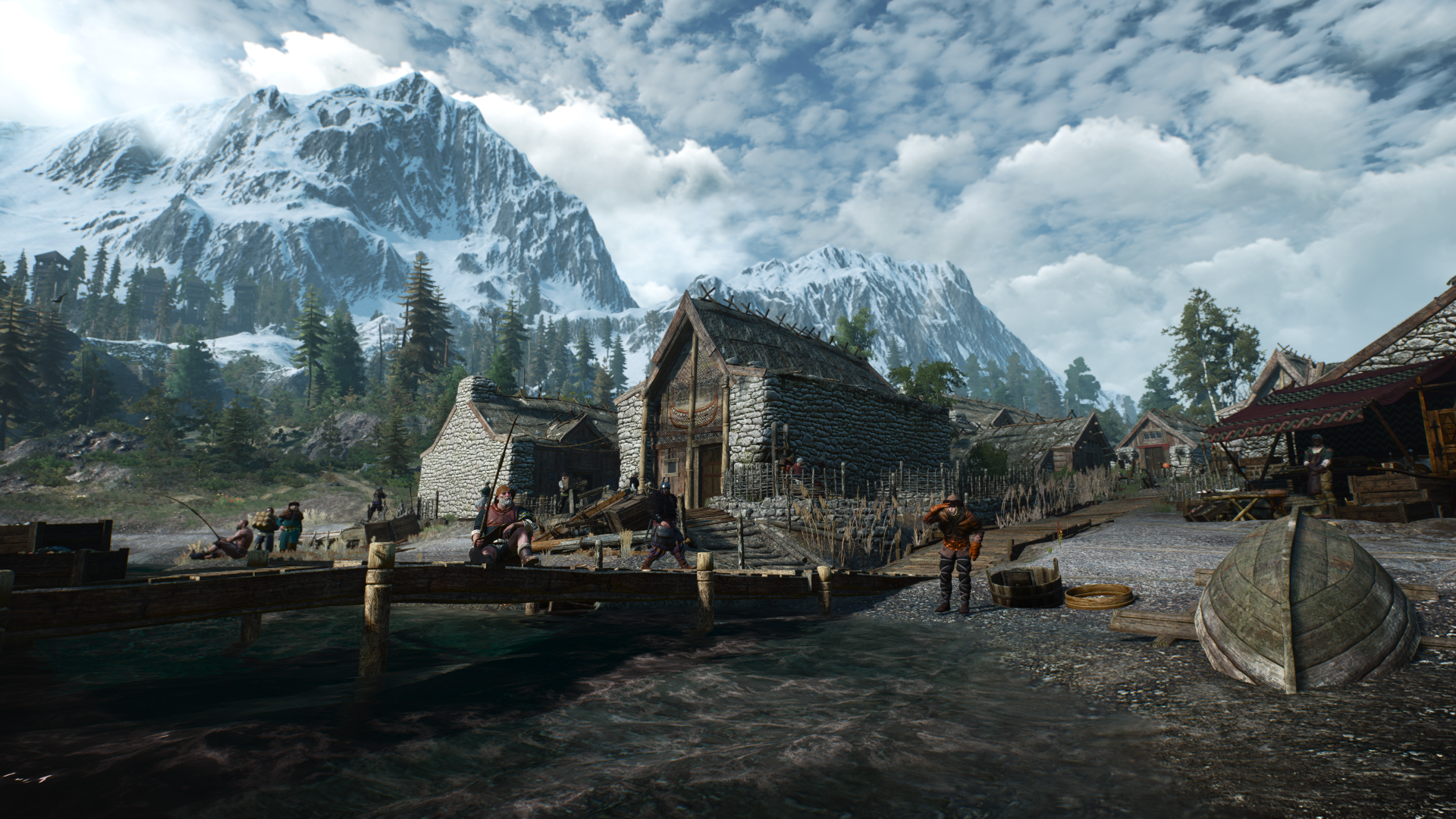 General 1920x1080 The Witcher 3: Wild Hunt video game landscape CD Projekt RED Skellige CGI video games mountains snow building trees water jetty boat clouds sky