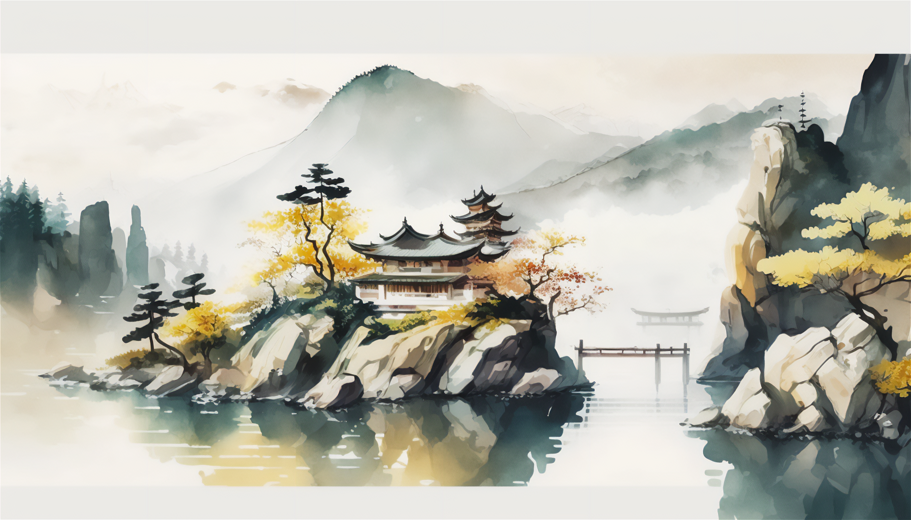 General 3136x1792 AI art illustration watercolor style China water torii