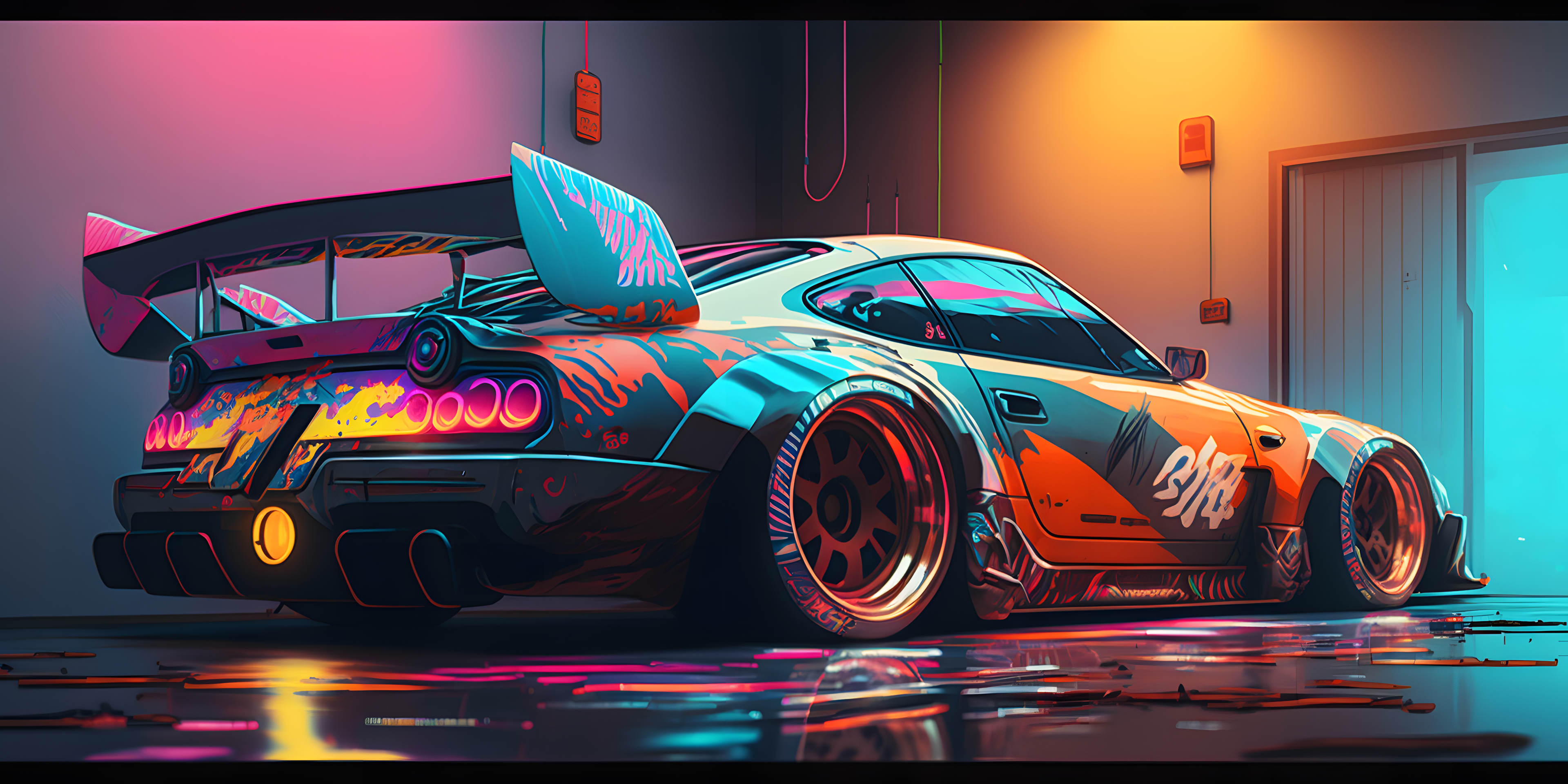 General 3840x1920 AI art Japanese cars supercars iridescent colorful car reflection rear view
