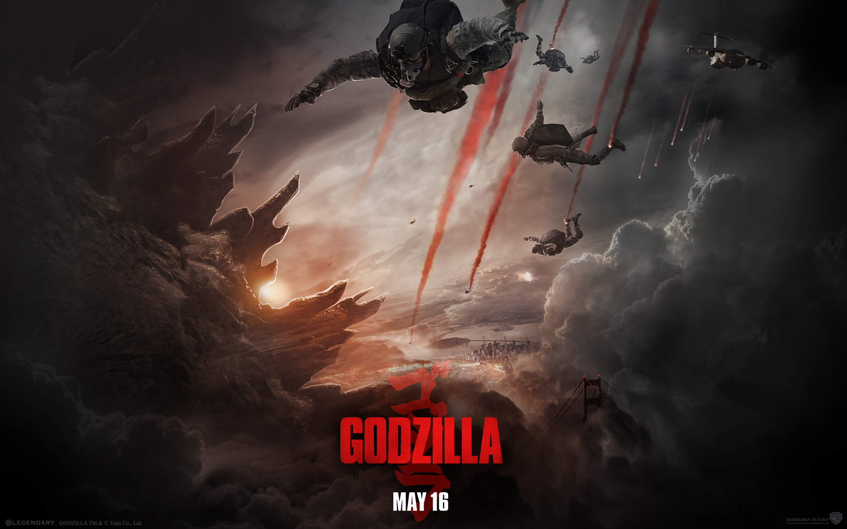 General 1680x1050 Godzilla movie poster sky diving smoke clouds movies