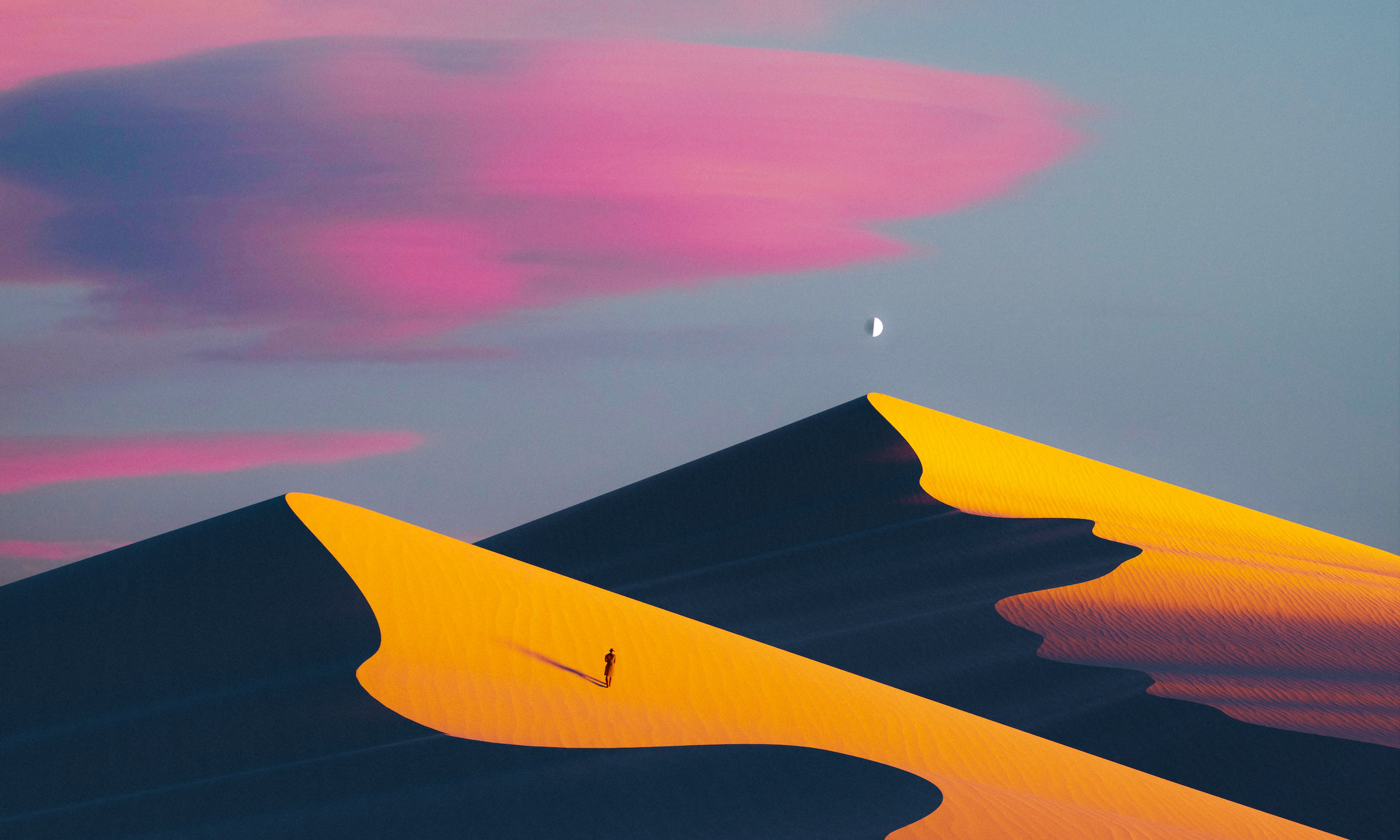 General 2400x1440 digital art artwork illustration dunes desert landscape sand sky clouds sunlight Moon simple background minimalism