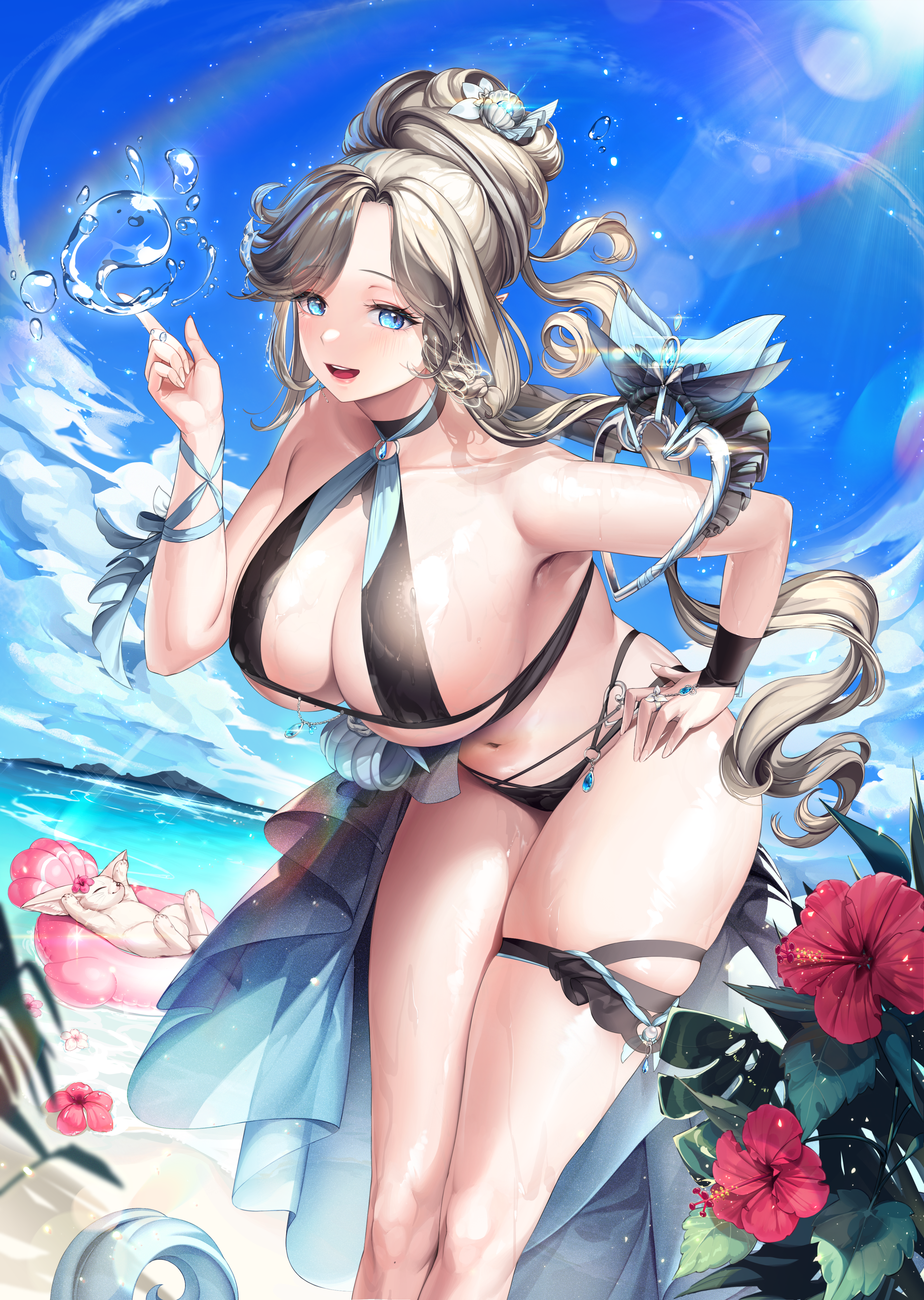 Anime 3166x4451 anime girls Madaeng gray hair long hair blue eyes portrait display beach water sky bikini black bikinis boobs huge breasts blue dress flowers hibiscus armpits smiling wet body wet looking at viewer water drops belly button swimwear hands on hips cleavage women outdoors women on beach bubbles pointy ears thighs curvy hair ornament animals floater sunlight rainbows bent over clouds