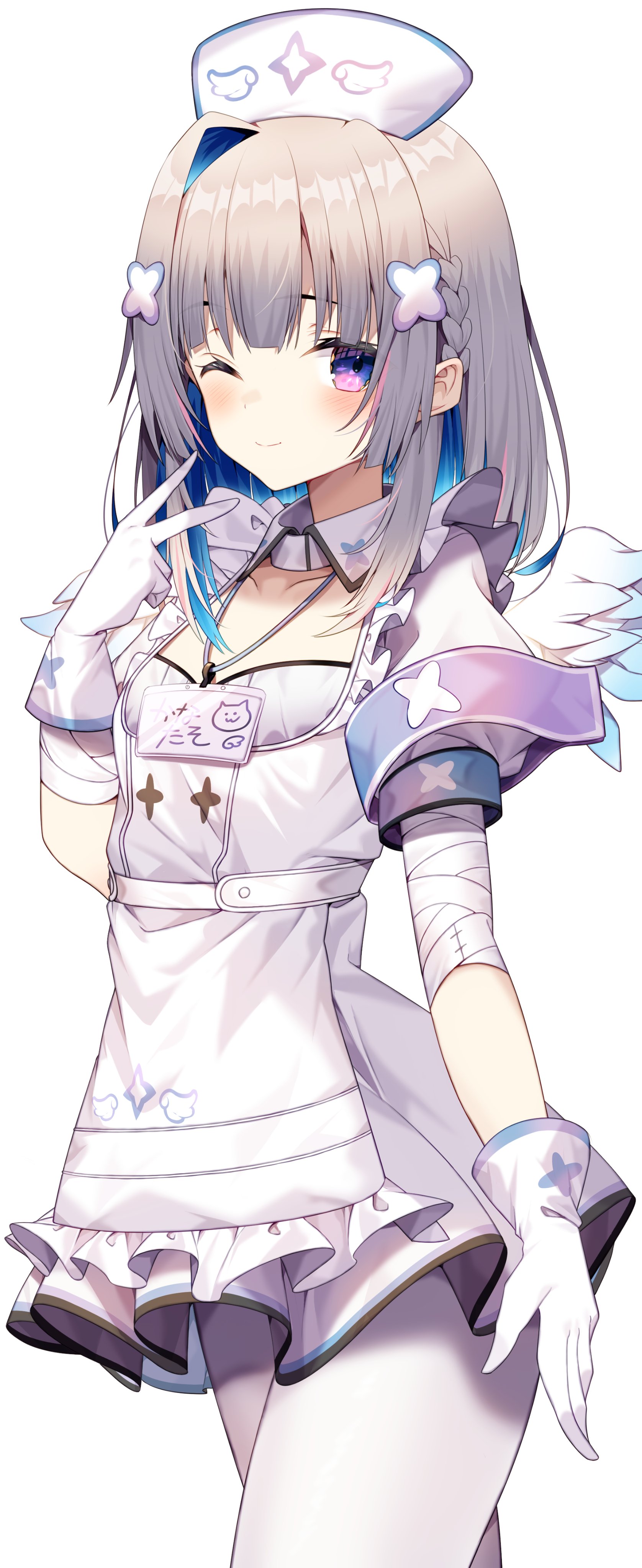 Anime 1676x4096 skirt white portrait display anime girls one eye closed gloves blushing two tone hair wings nurses nurse outfit wink