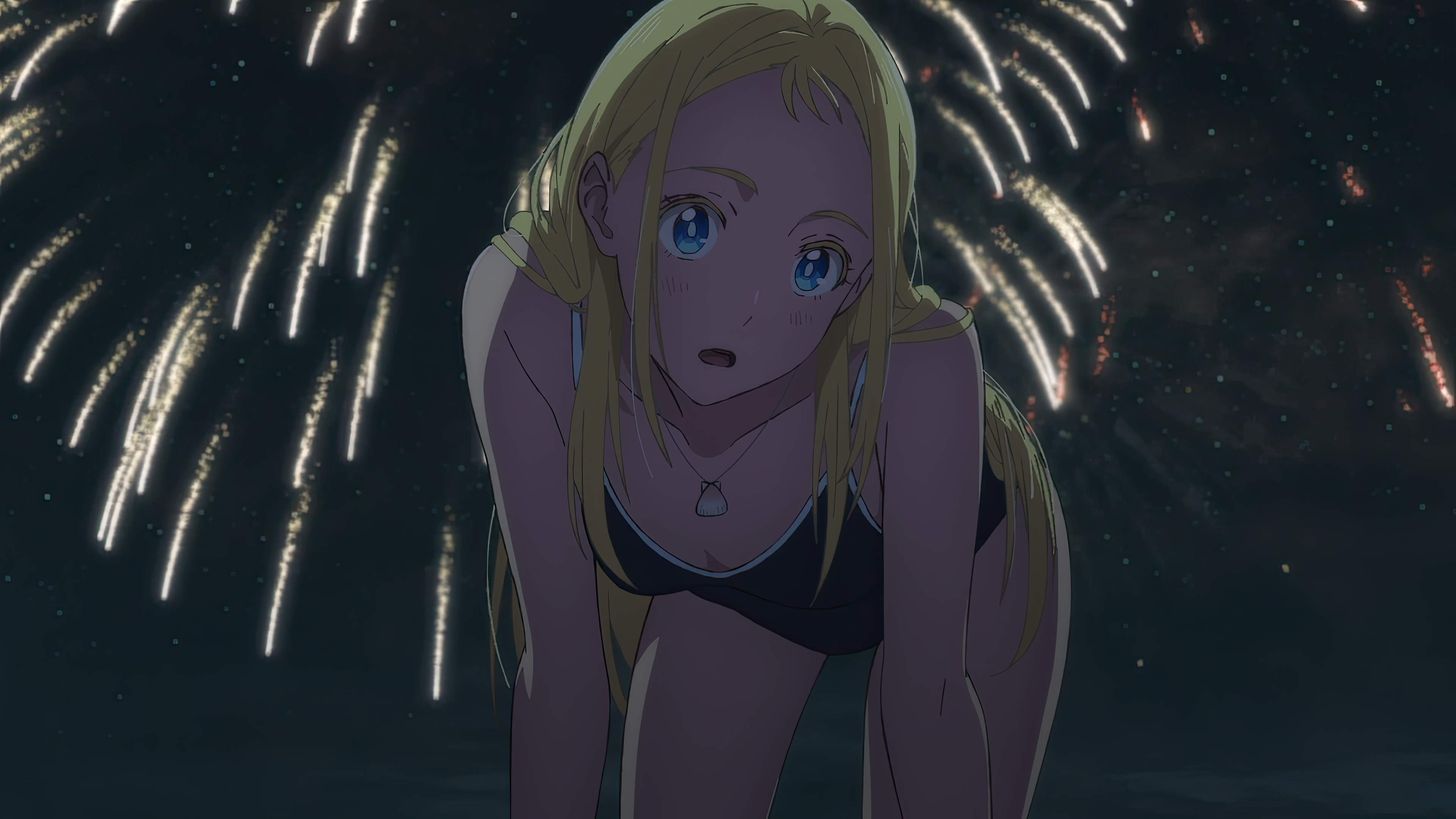Anime 3840x2160 Summer Time Rendering anime 4K Anime screenshot swimwear bent over necklace anime girls looking at viewer night fireworks Ushio Kofune