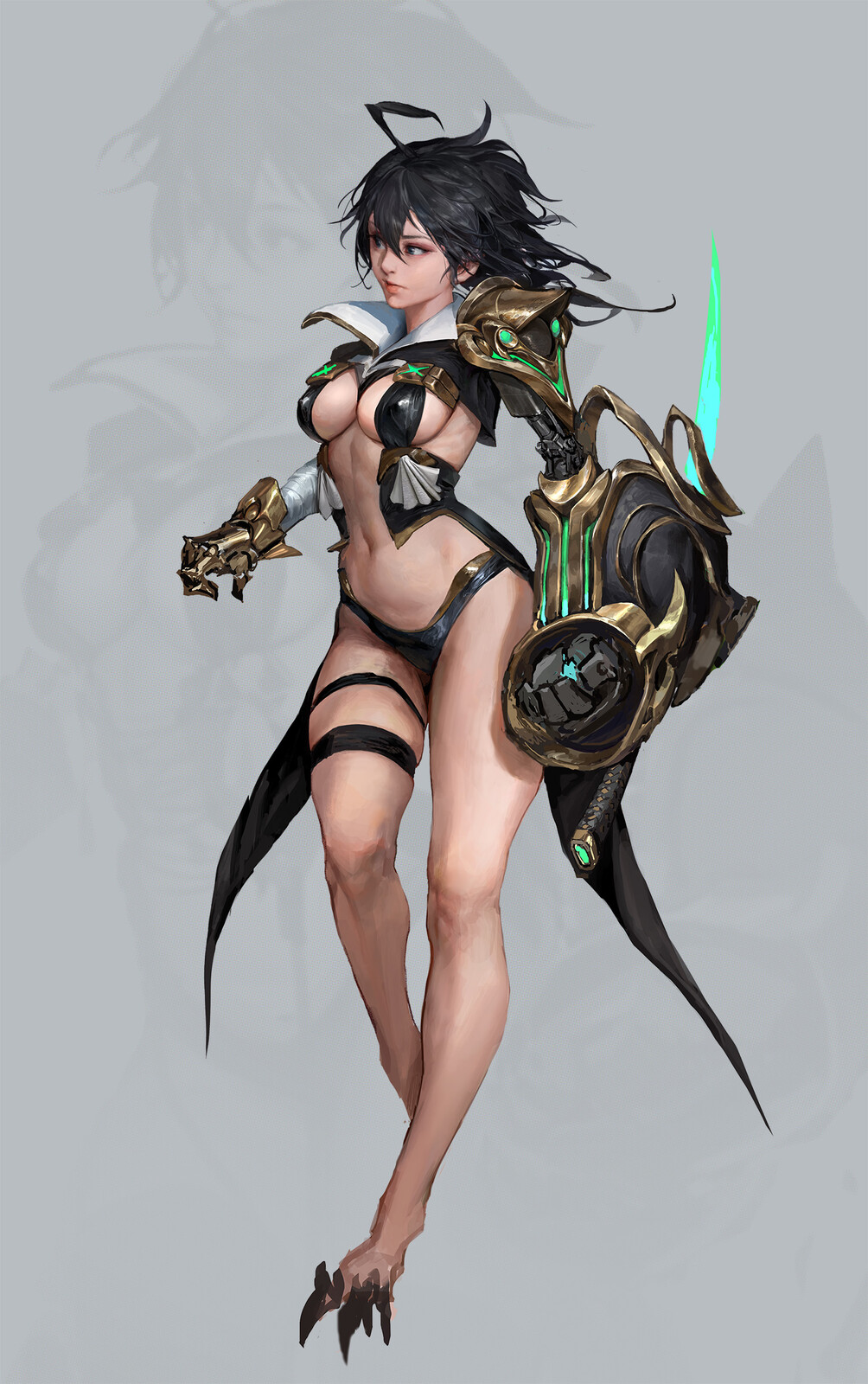 General 1004x1600 Yeongyo Oh CGI digital art portrait display skimpy clothes legs big boobs weapon belly belly button