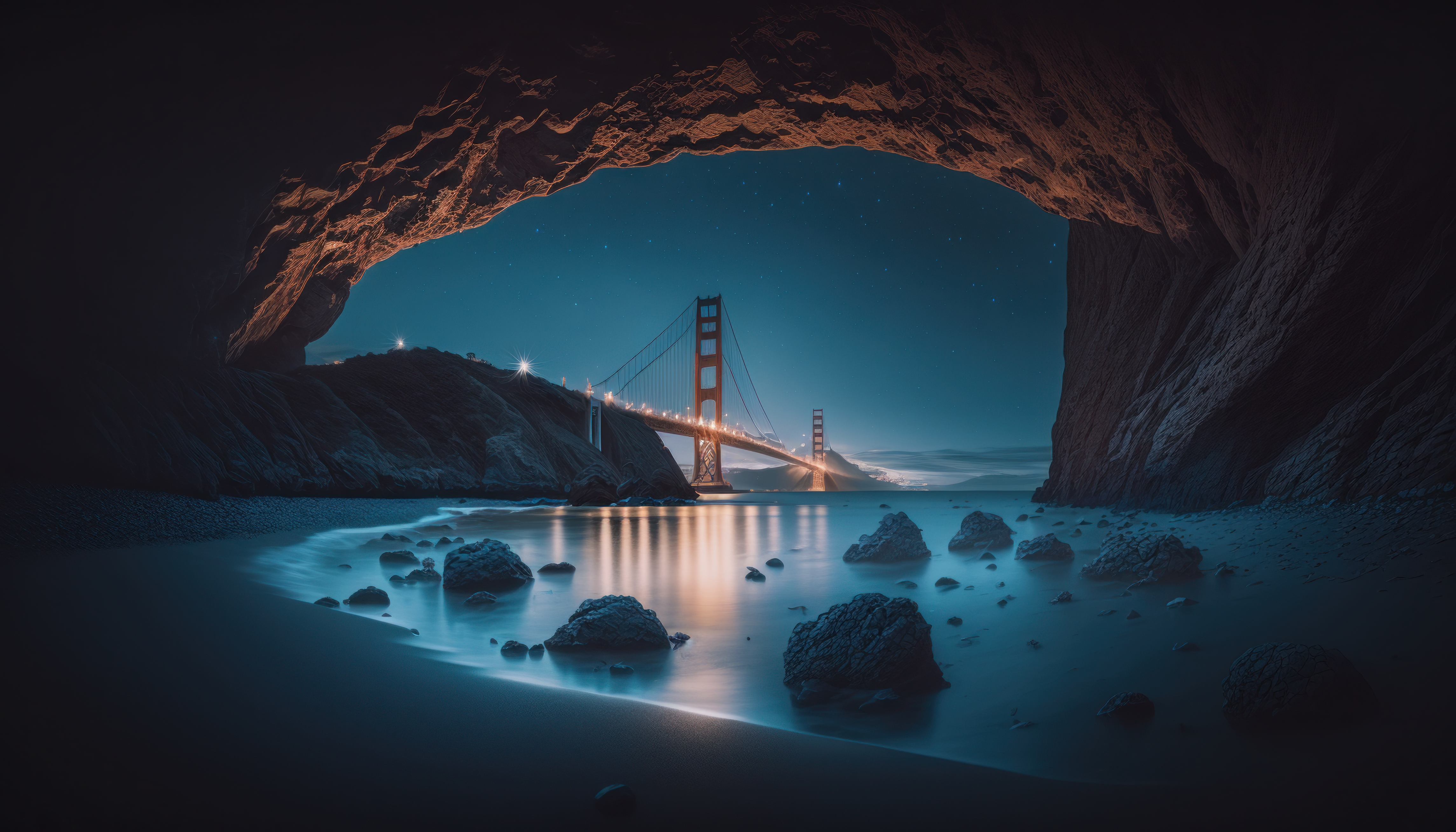 General 4579x2616 AI art Golden Gate Bridge cave Blue hour water bridge night lights
