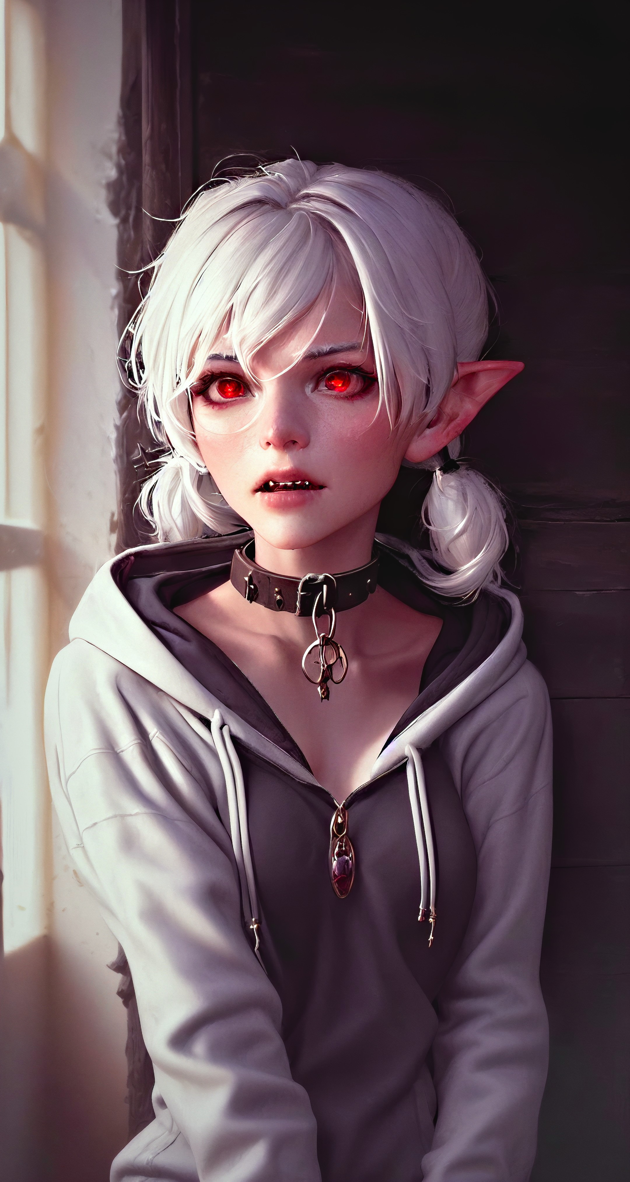 General 2160x4050 AI art Stable Diffusion women red eyes white hair twintails collar grey hoodie pointy ears portrait display