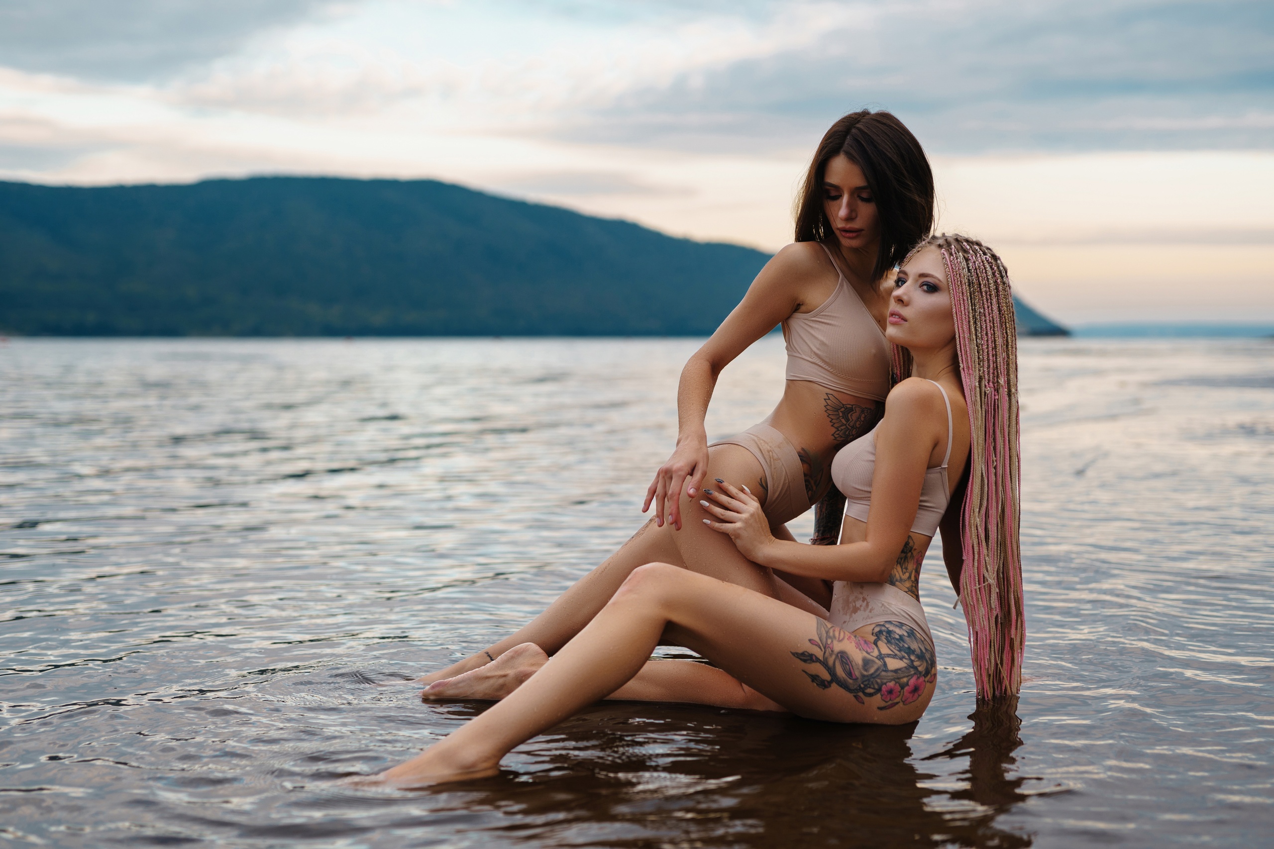 People 2560x1707 Artem SolovЬev women two women shore water dyed hair dark hair lingerie outdoors Alyona Elizarova pointed toes