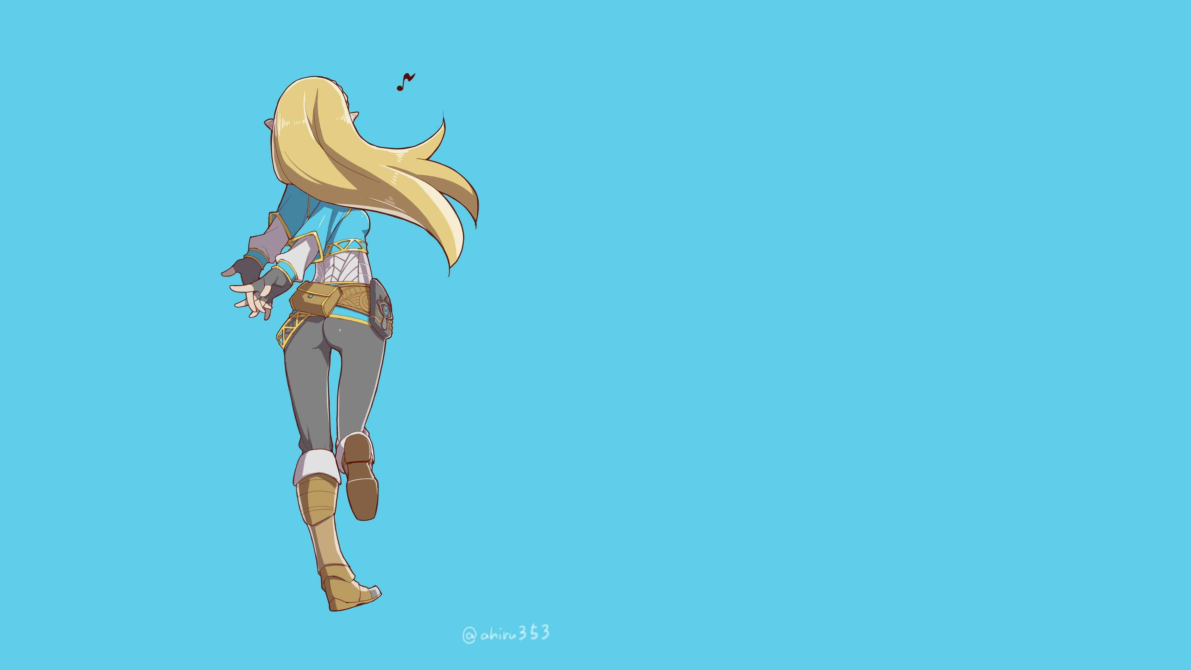 Anime 3840x2160 video games video game girls blonde long hair The Legend of Zelda The Legend of Zelda: Breath of the Wild Zelda leggings boots leather boots blue shirt pointy ears simple background gloves looking away singing musical notes arms behind back behind pants tight clothing tight pants blue background minimalism rear view