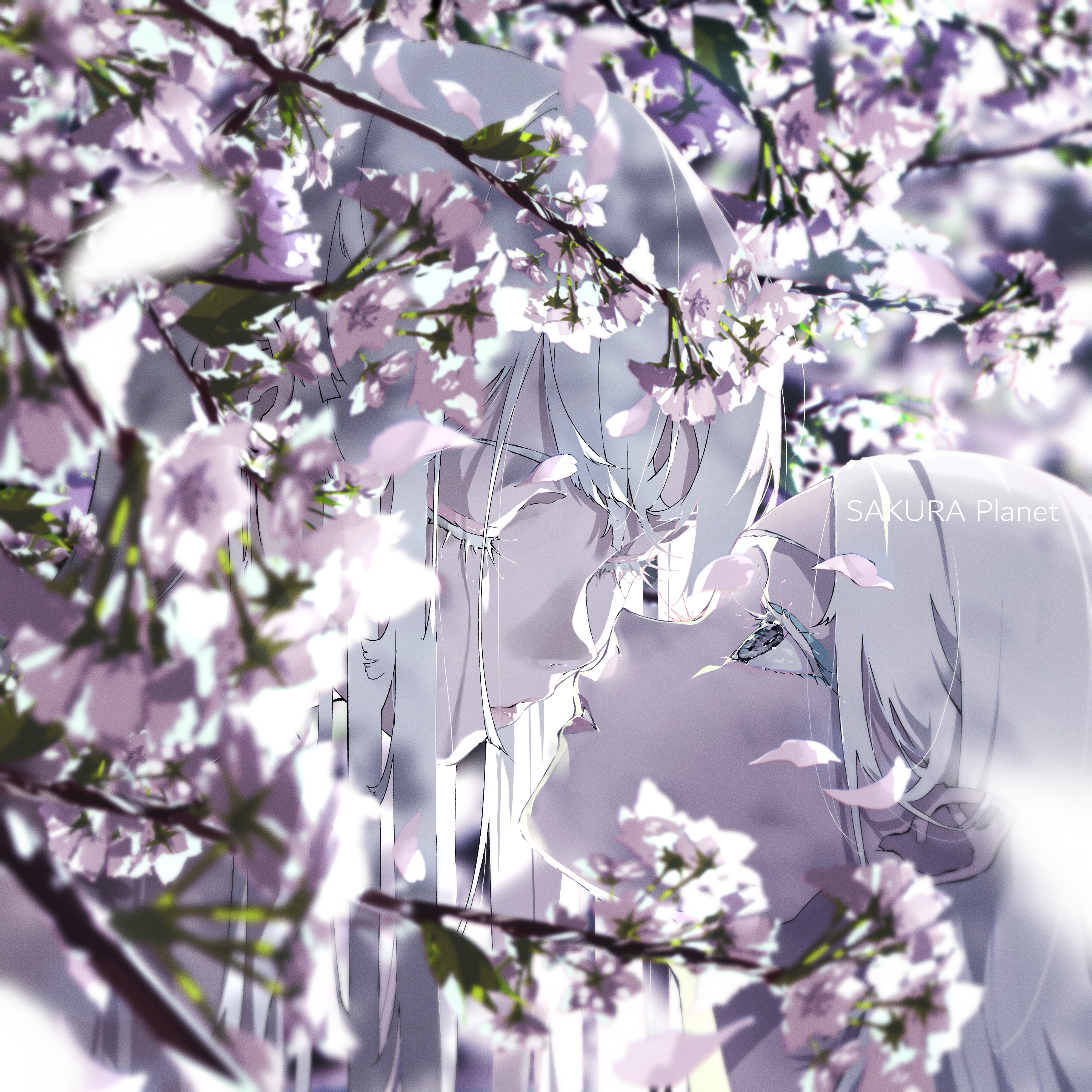 Anime 2894x2894 Nico Tina long hair anime girls white hair flowers yuri lesbians petals