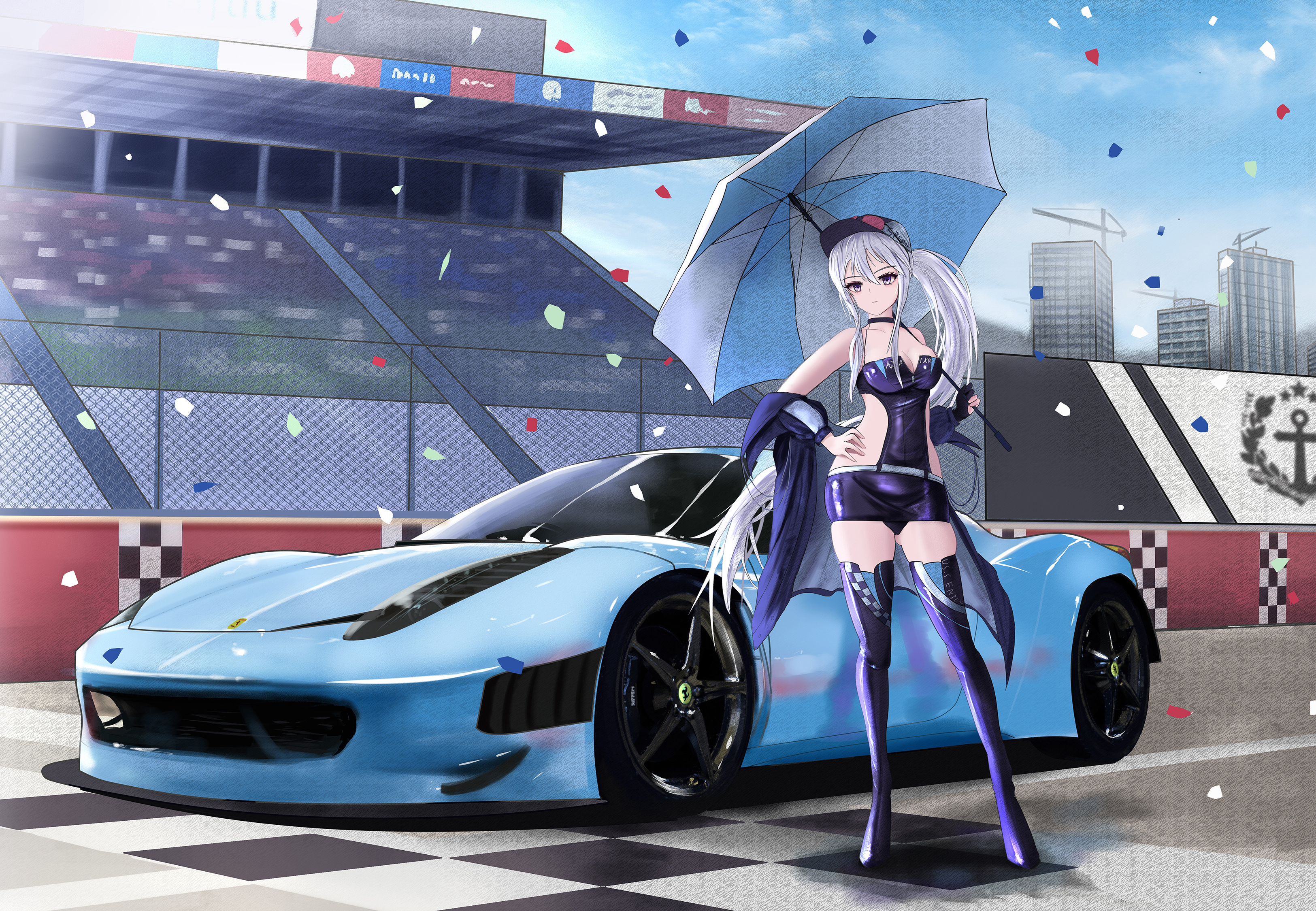 Anime 3250x2250 anime anime girls Enterprise (Azur Lane) Azur Lane umbrella race cars car confetti ponytail white hair