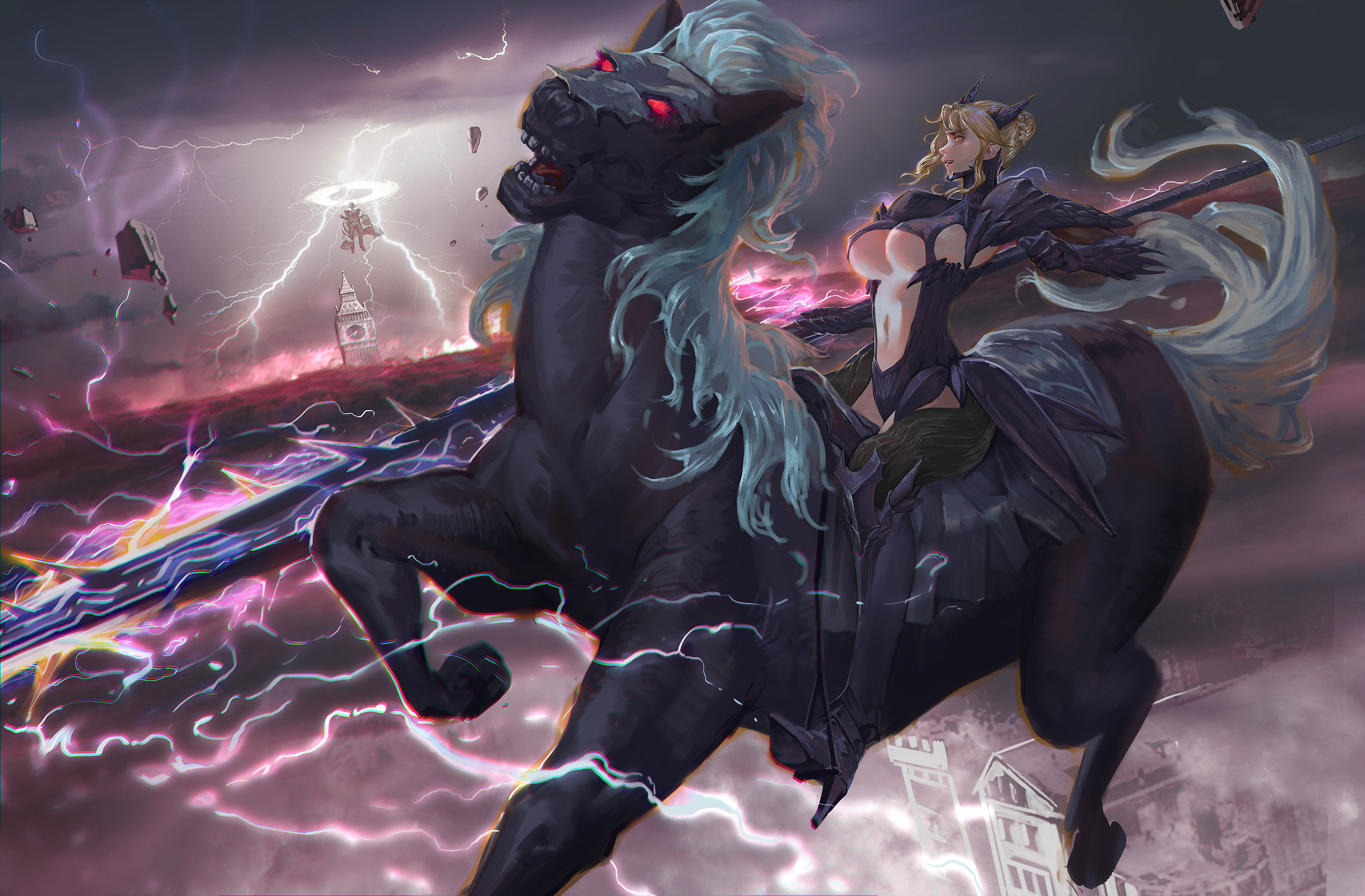 Anime 3000x1970 Yangmie Mieyi Fate series Fate/Grand Order anime girls horse big boobs blonde yellow eyes horns