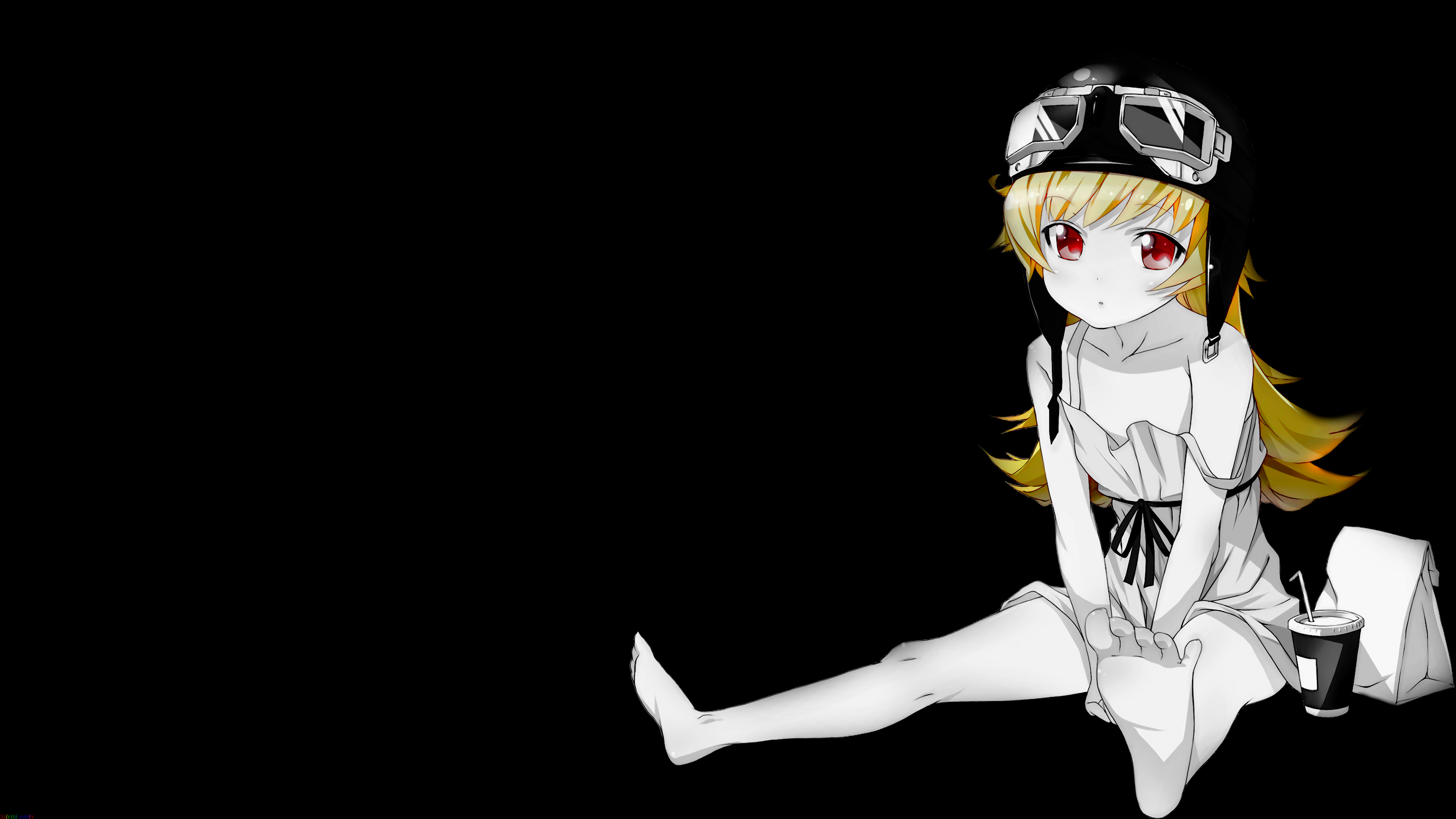 Anime 3840x2160 selective coloring black background dark background simple background anime girls Monogatari Series goggles helmet drink foot sole feet