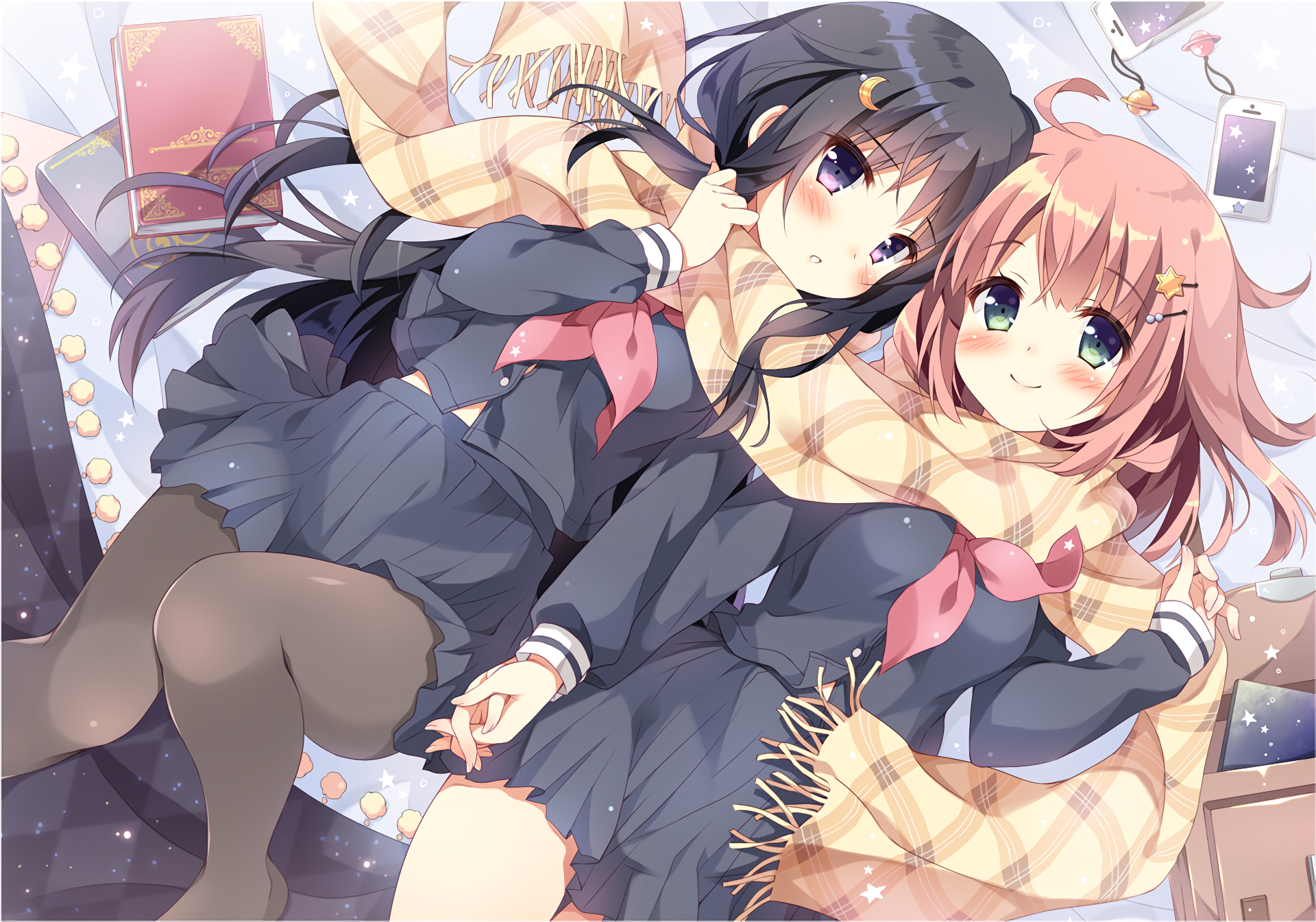 Anime 1920x1345 anime anime girls school uniform schoolgirl scarf phone books blushing
