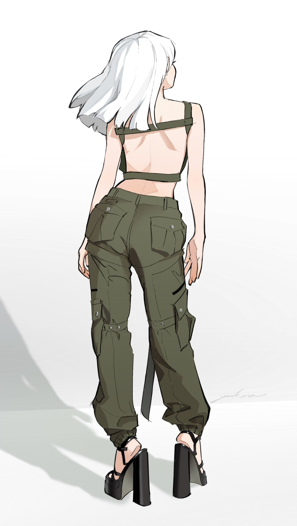 Anime 1158x2048 anime girls sketches portrait display standing simple background heels white background pants white hair short hair minimalism signature shoulder length hair drawing shadow