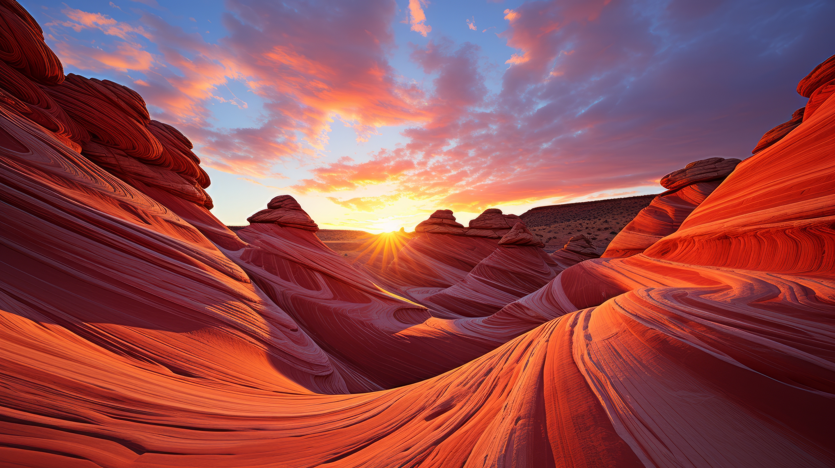 General 2912x1632 AI art mountains landscape desert rock formation sky clouds digital art sunset sunset glow