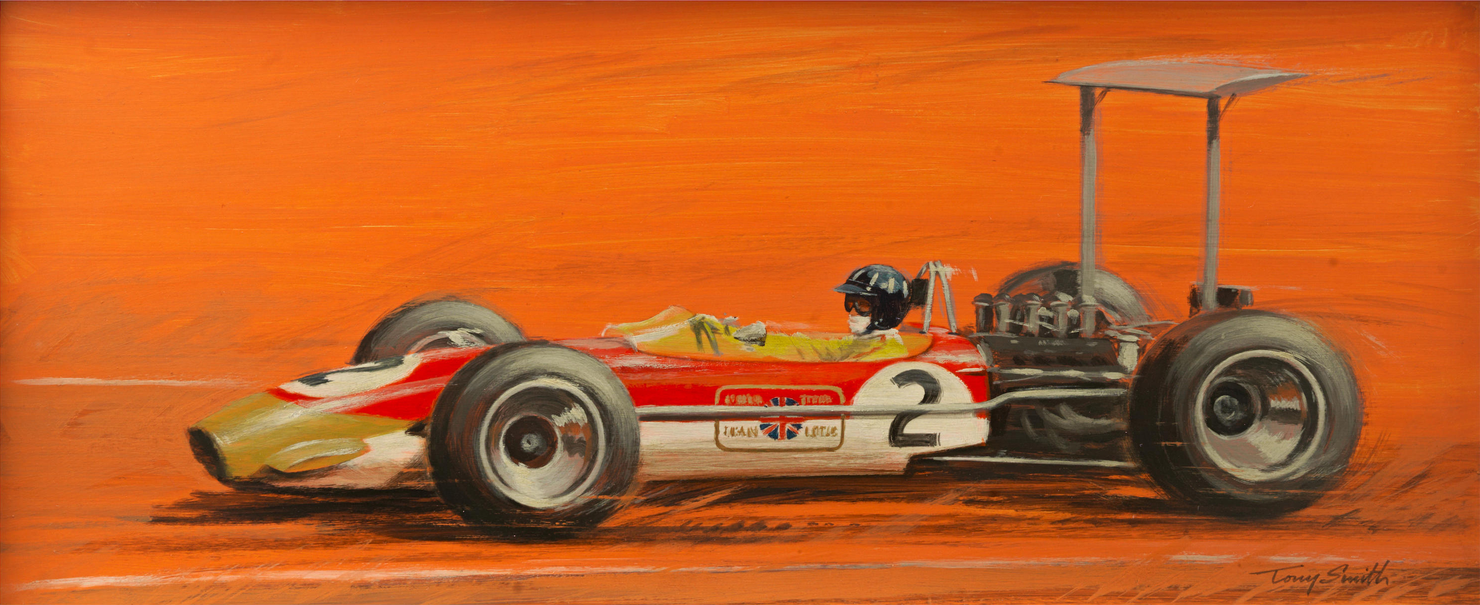 General 2958x1210 formula cars painting oil painting Graham Hill 1968 Lotus 49B High Wing Tony Smith artwork side view vehicle simple background helmet minimalism signature