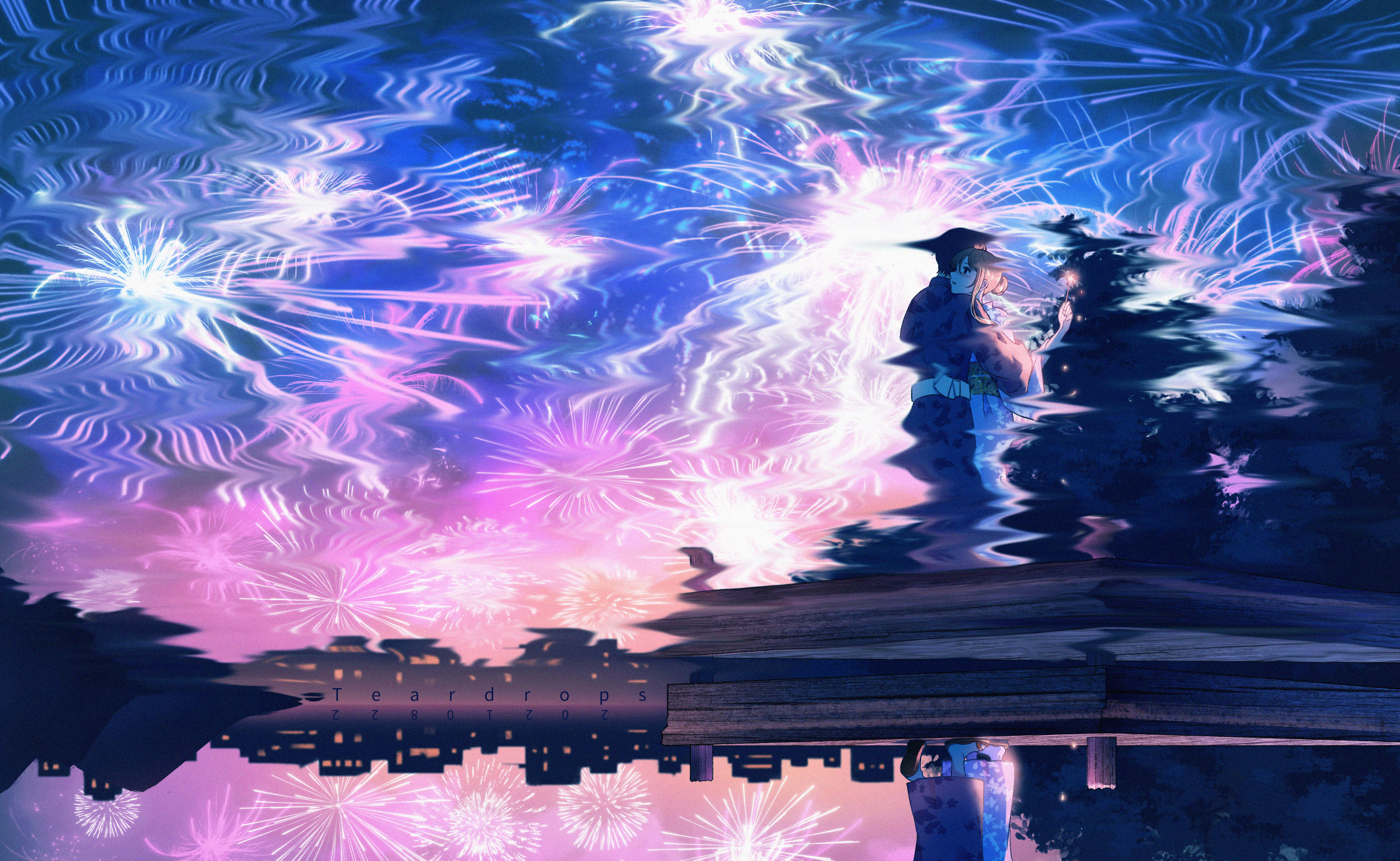 Anime 4066x2500 anime anime girls fireworks hugging hairbun standing reflection jetty water sky night anime boys trees