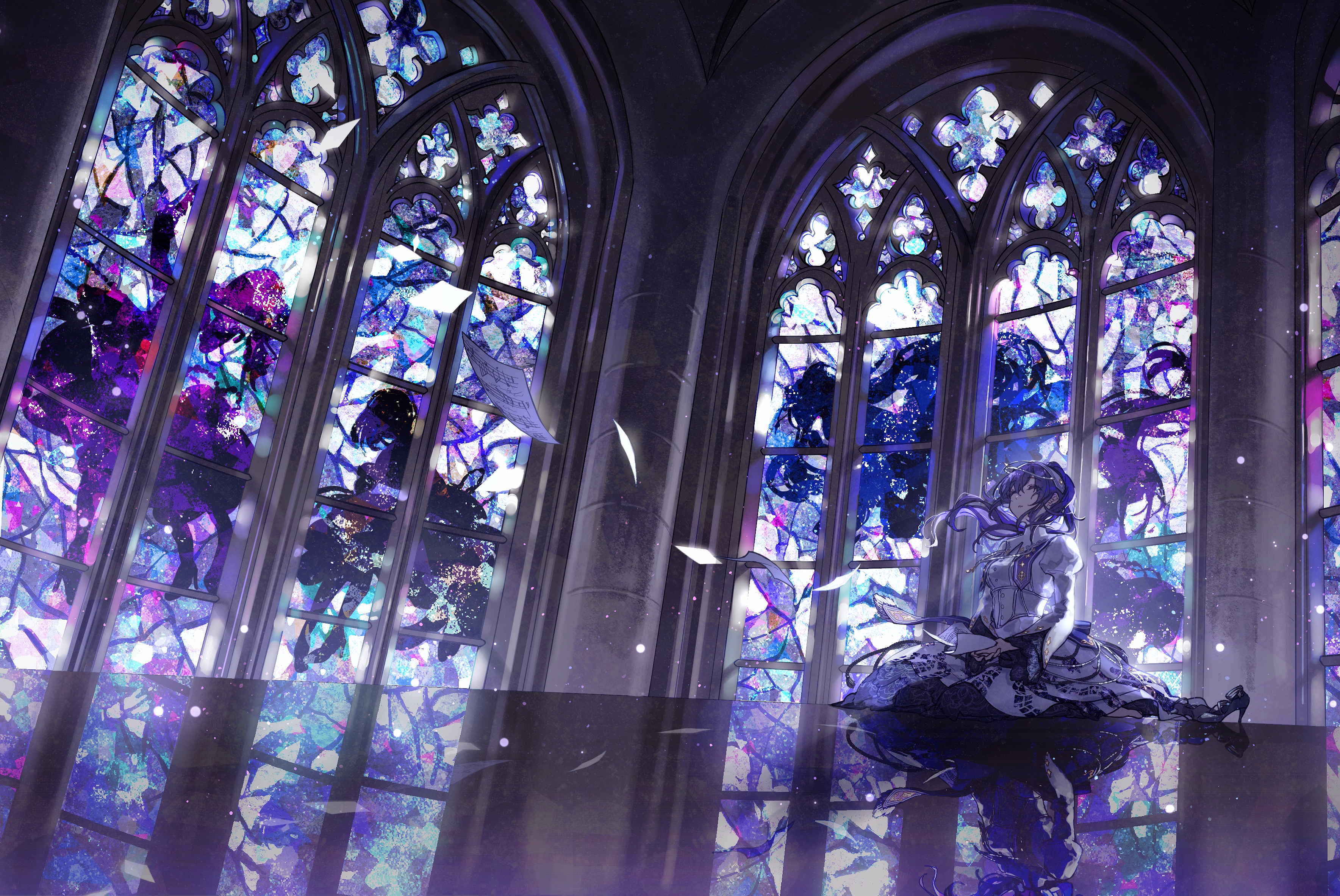 Anime 3537x2367 anime anime girls closed eyes long hair paper reflection stained glass interior dress musical notes kneeling necklace hair blowing in the wind wind