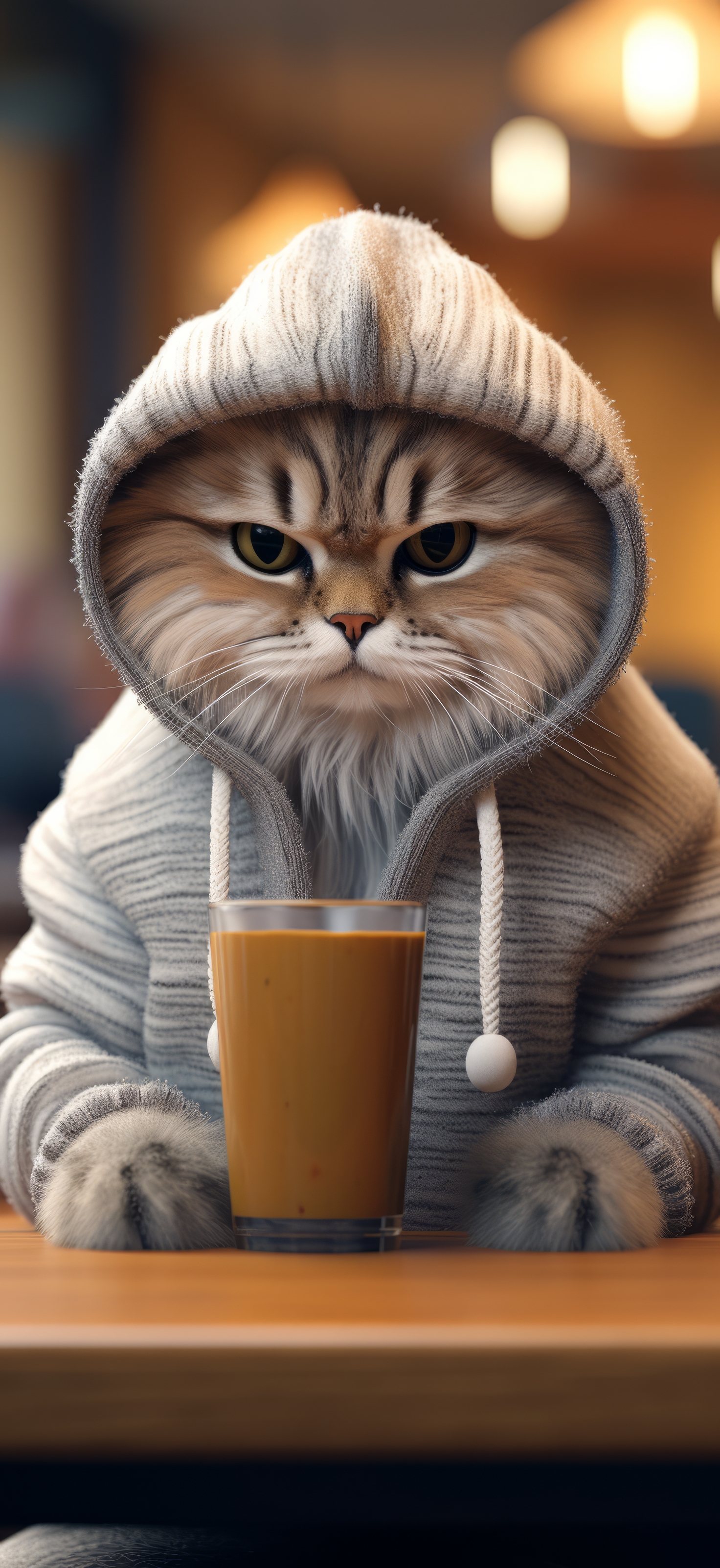 General 1472x3200 AI art cats grey hoodie cafe coffee portrait display
