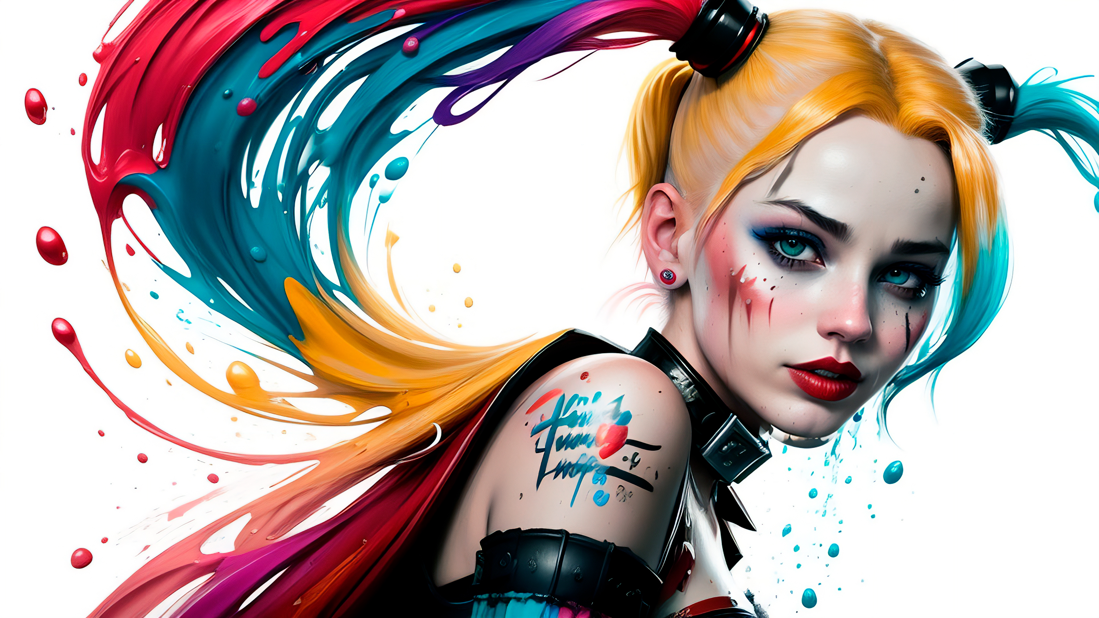 General 3840x2160 Harley Quinn DC Comics AI art multi-colored hair looking at viewer twintails red lipstick digital art tattoo ear piercing