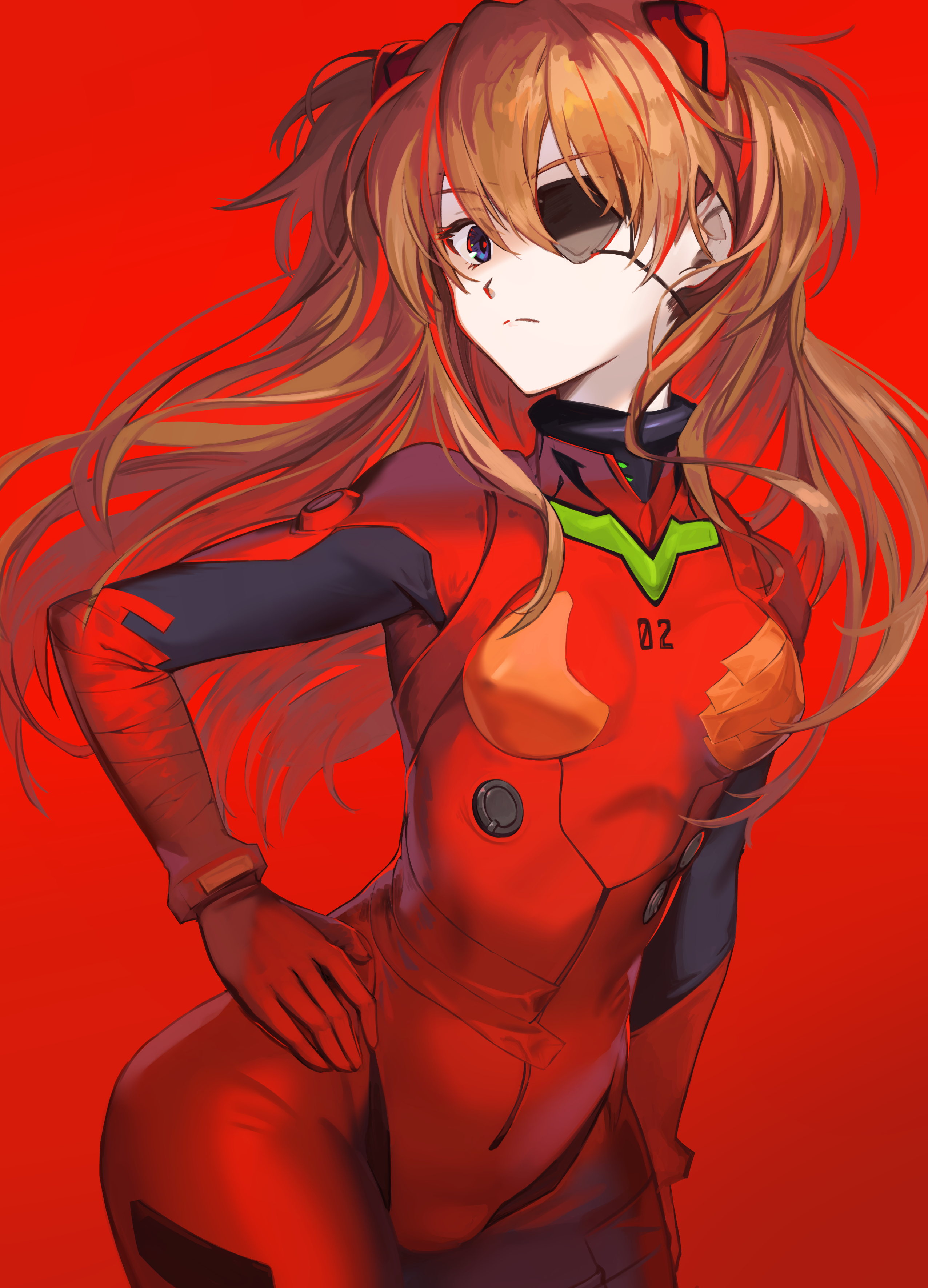 Anime 2552x3541 Asuka Langley Soryu Neon Genesis Evangelion eyepatches anime girls blue eyes looking at viewer long hair bodysuit artwork anime hands on hips twintails portrait display frown red background blonde simple background