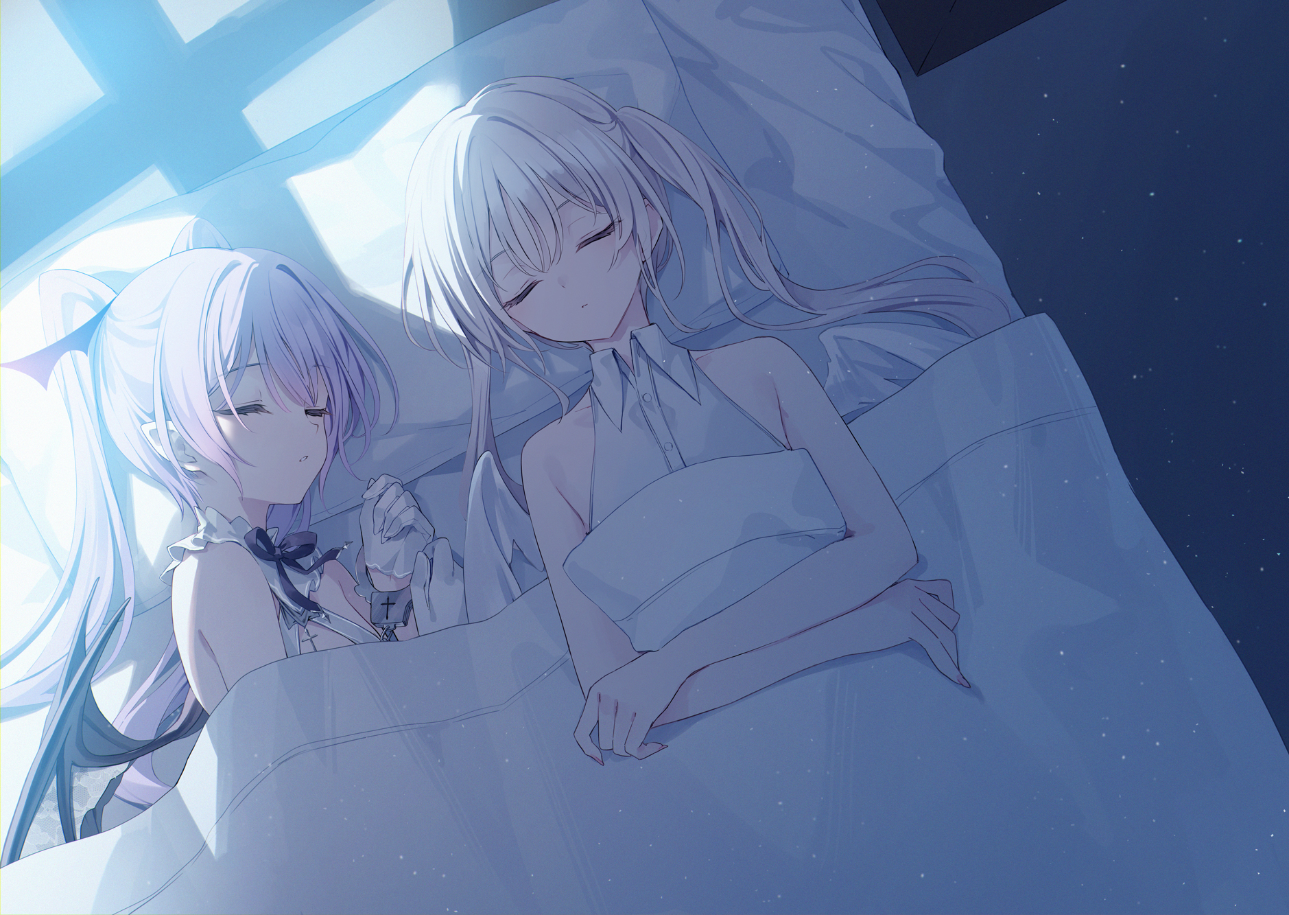 Anime 1879x1333 Rurudo anime anime girls bed sleeping closed eyes lying down lying on back moonlight pillow bat wings demon girls twintails long hair night