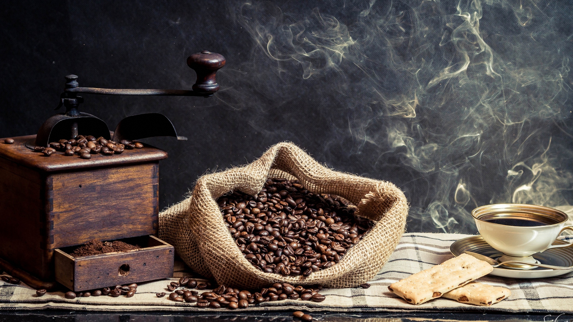 General 1920x1080 photography coffee smoke beans still life cup drink cloth wood